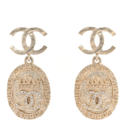 Chanel Crystal CC Medallion Drop Earrings Gold 1 of 6