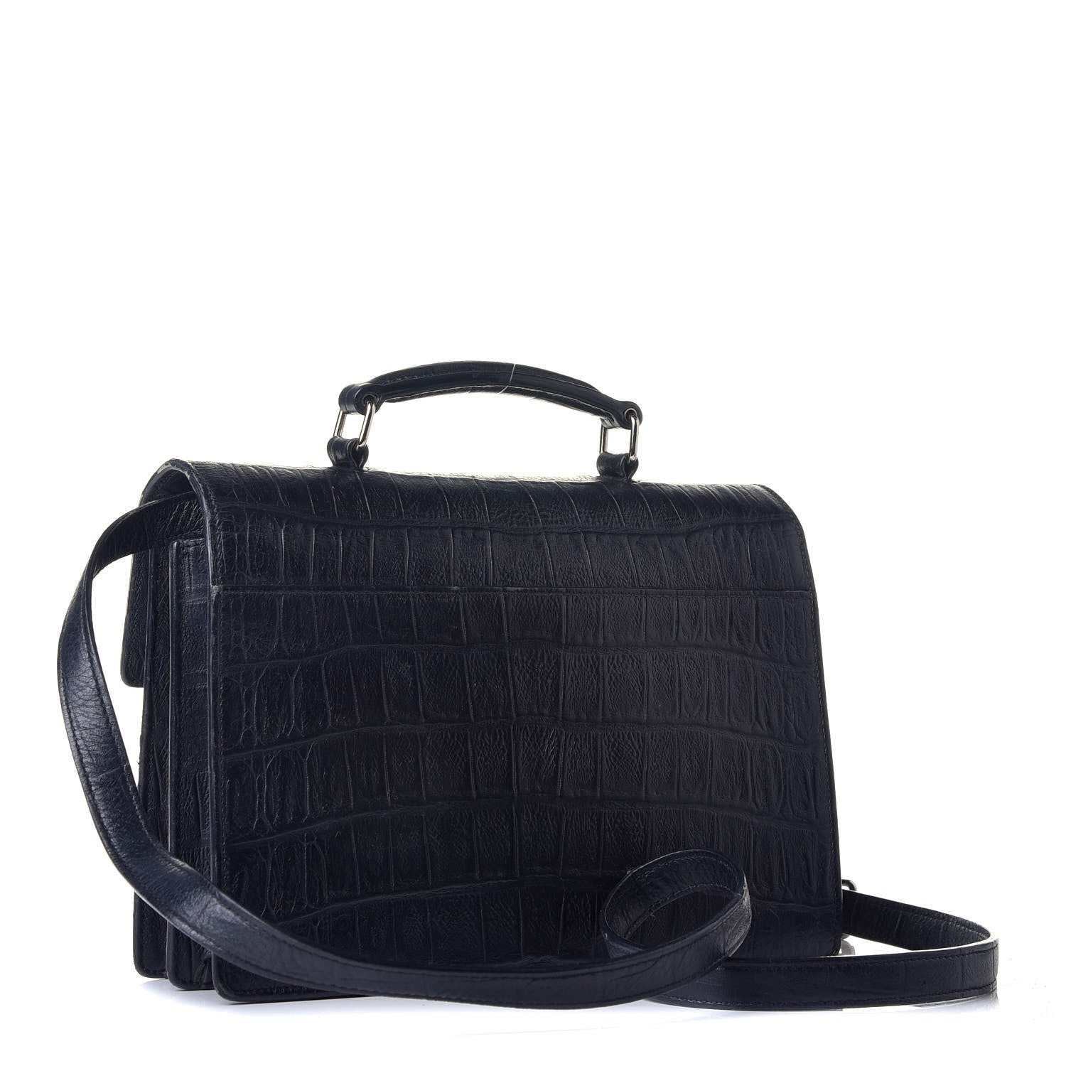 Saint Laurent Calfskin Crocodile Embossed Medium High School Satchel Navy 3 of 10