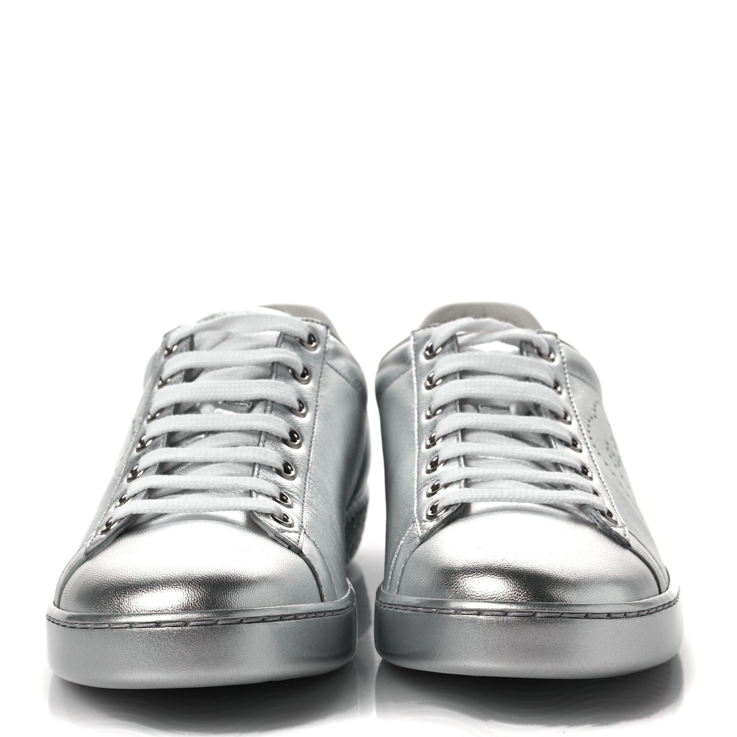 Metallic Nappa Interlocking G Perforated Womens Ace Sneakers 37.5 Silver