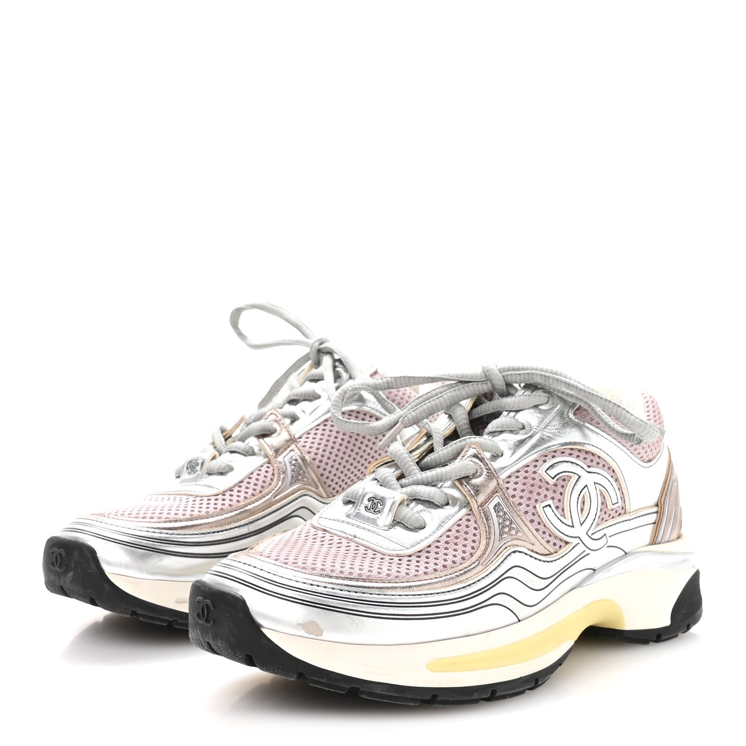 Chanel Fabric Laminated Calfskin Stretch CC Womens Sneakers 37 Purple Silver 4 of 8