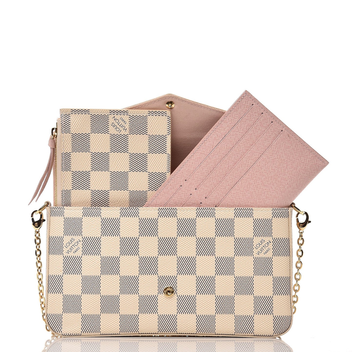 Damier Azur Pochette Felicie Chain Wallet Rose Ballerine
