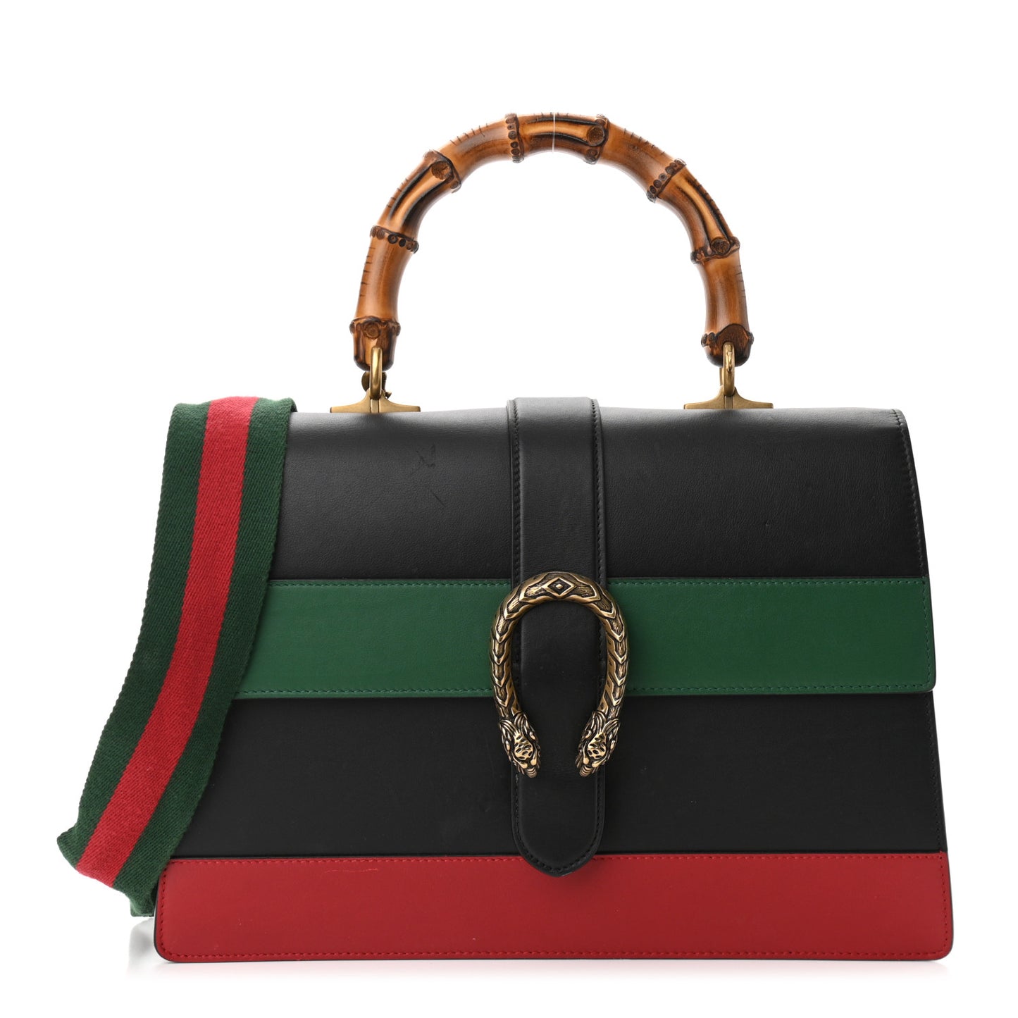 Calfskin Bamboo Web Large Dionysus Top Handle Bag Black Bright Evergreen Hibiscus Red