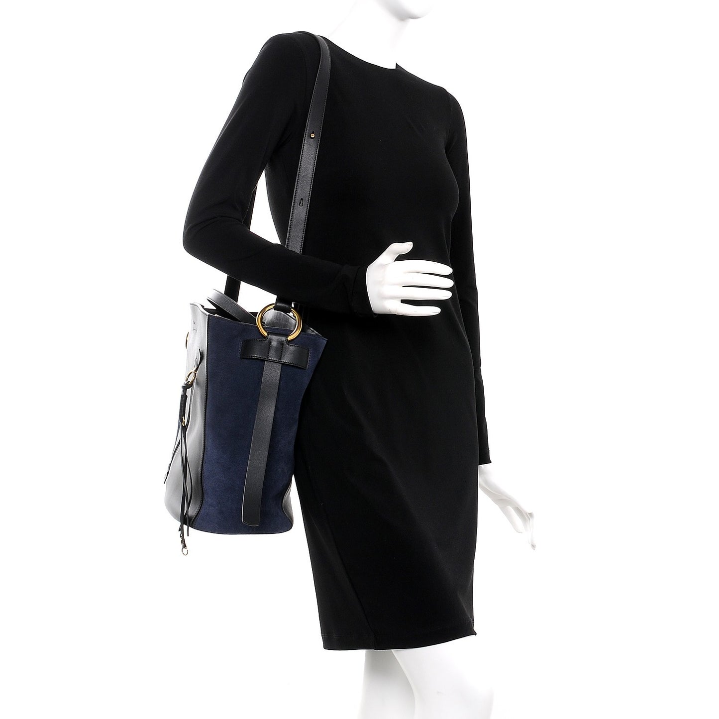 Smooth Suede Calfskin Medium Myer Double Carry Bag Black Navy