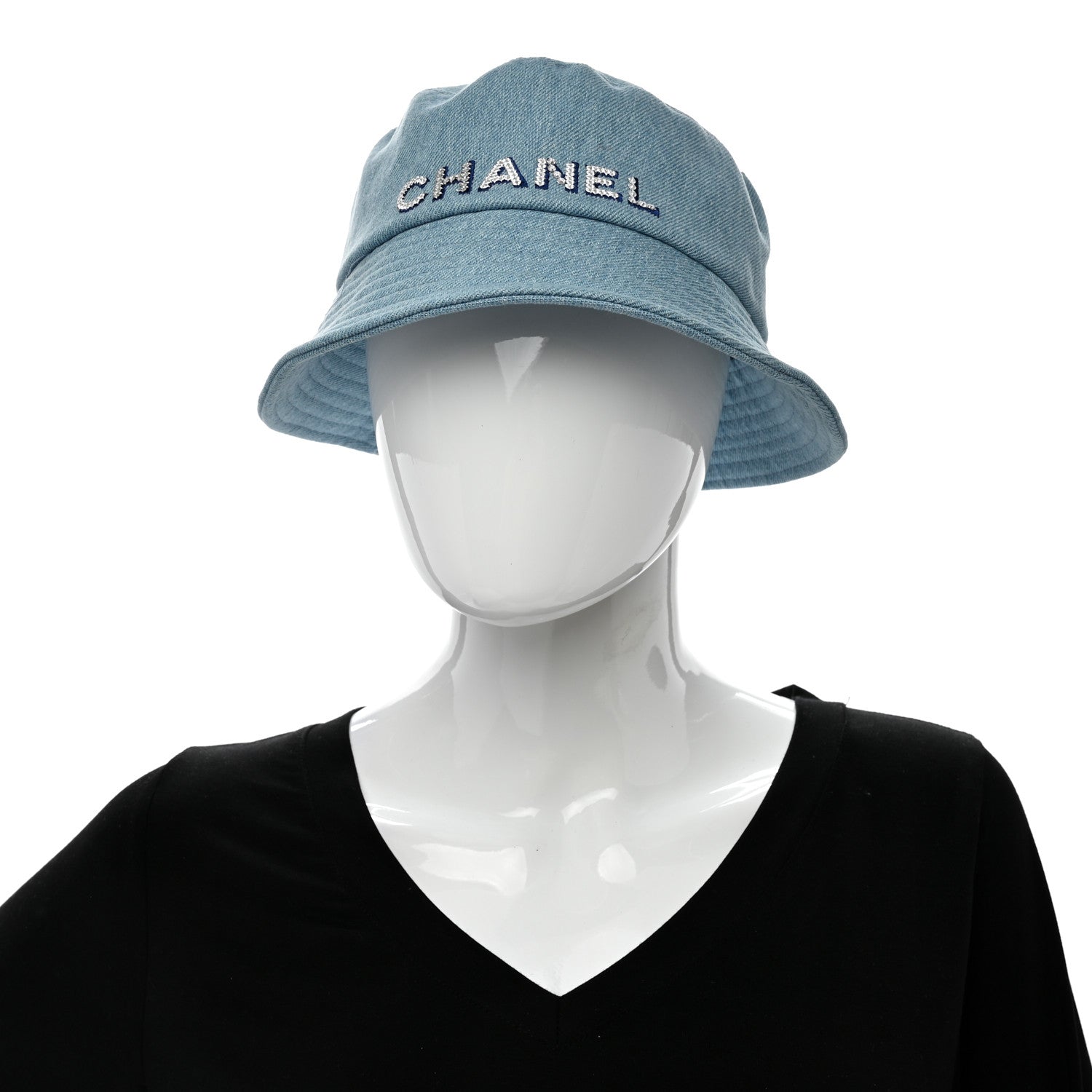 Chanel Denim Sequin Cloche Logo Bucket Hat S Blue 2 of 10
