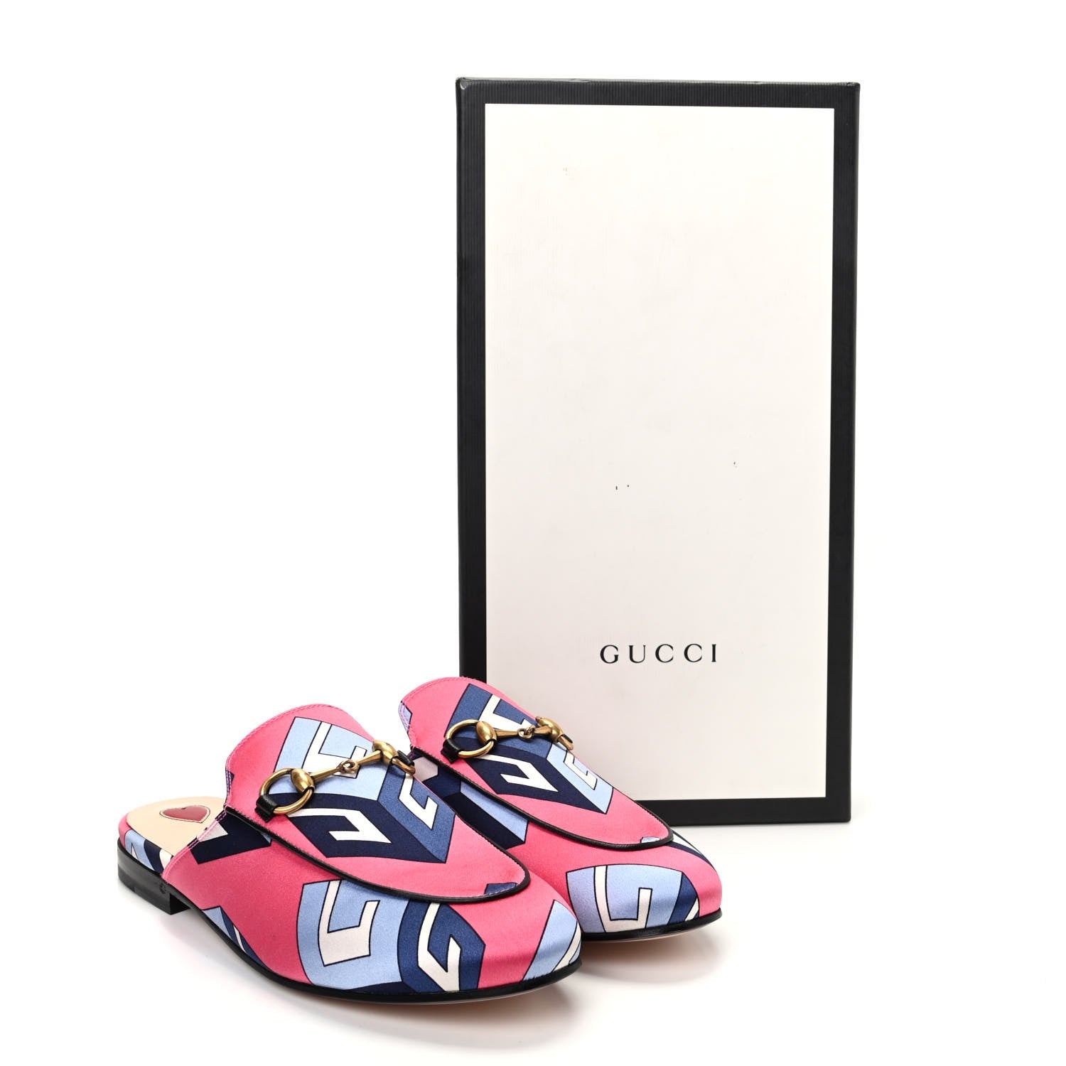 Gucci Satin GG Wallpaper Womens Princetown Slippers 35 Pink Flamboyant Blue Black 11 of 11