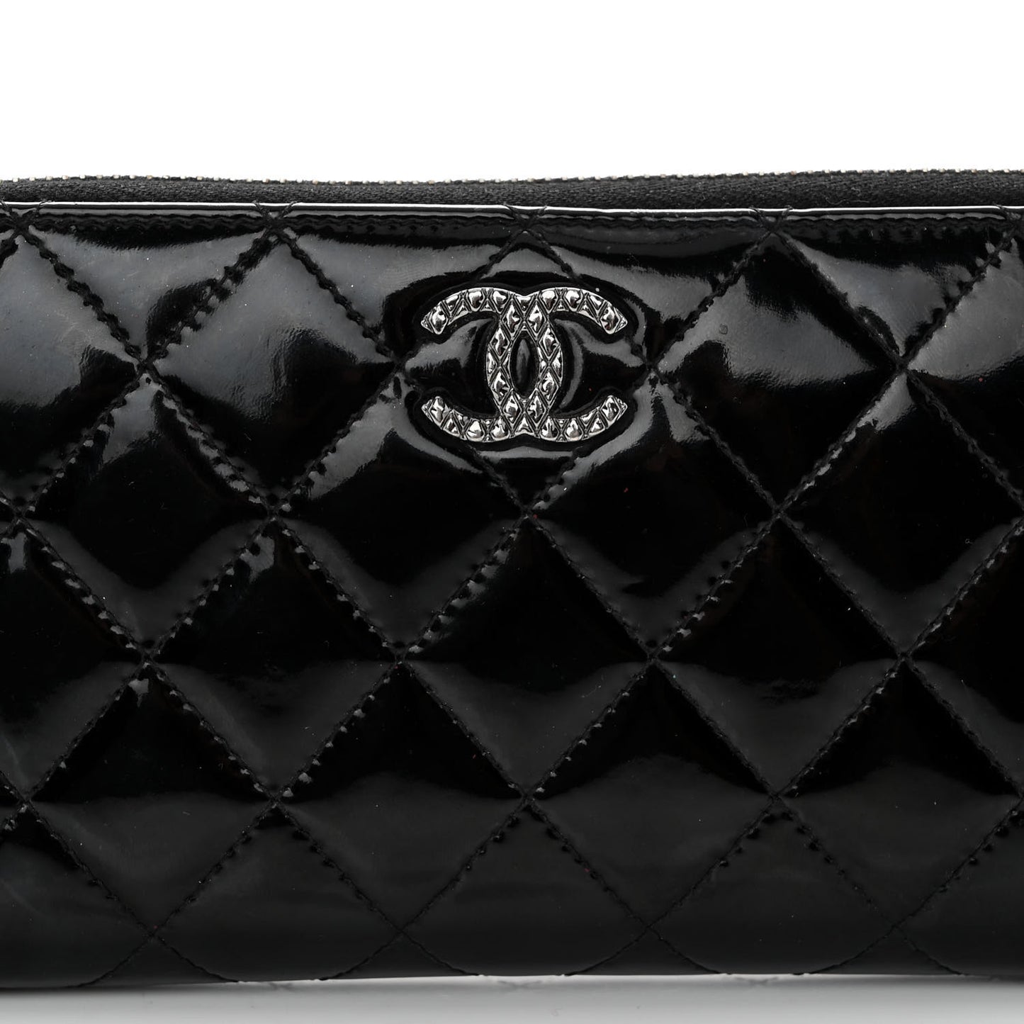 Patent Quilted Zip Around Wallet Black
