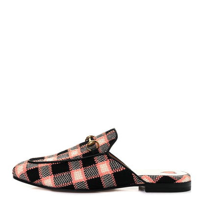 Gucci Tweed Calfskin Damier Womens Princetown Slippers 38 Black Pink Multicolor 1 of 8