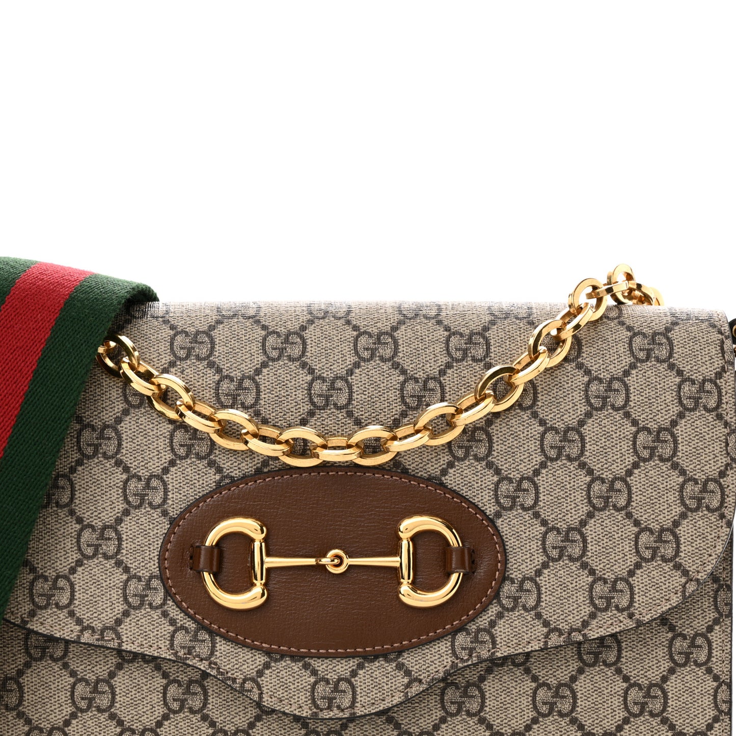 GG Supreme Monogram Azalea Calfskin Web Small Horsebit 1955 Crossbody Bag Beige Ebony Brown Sugar