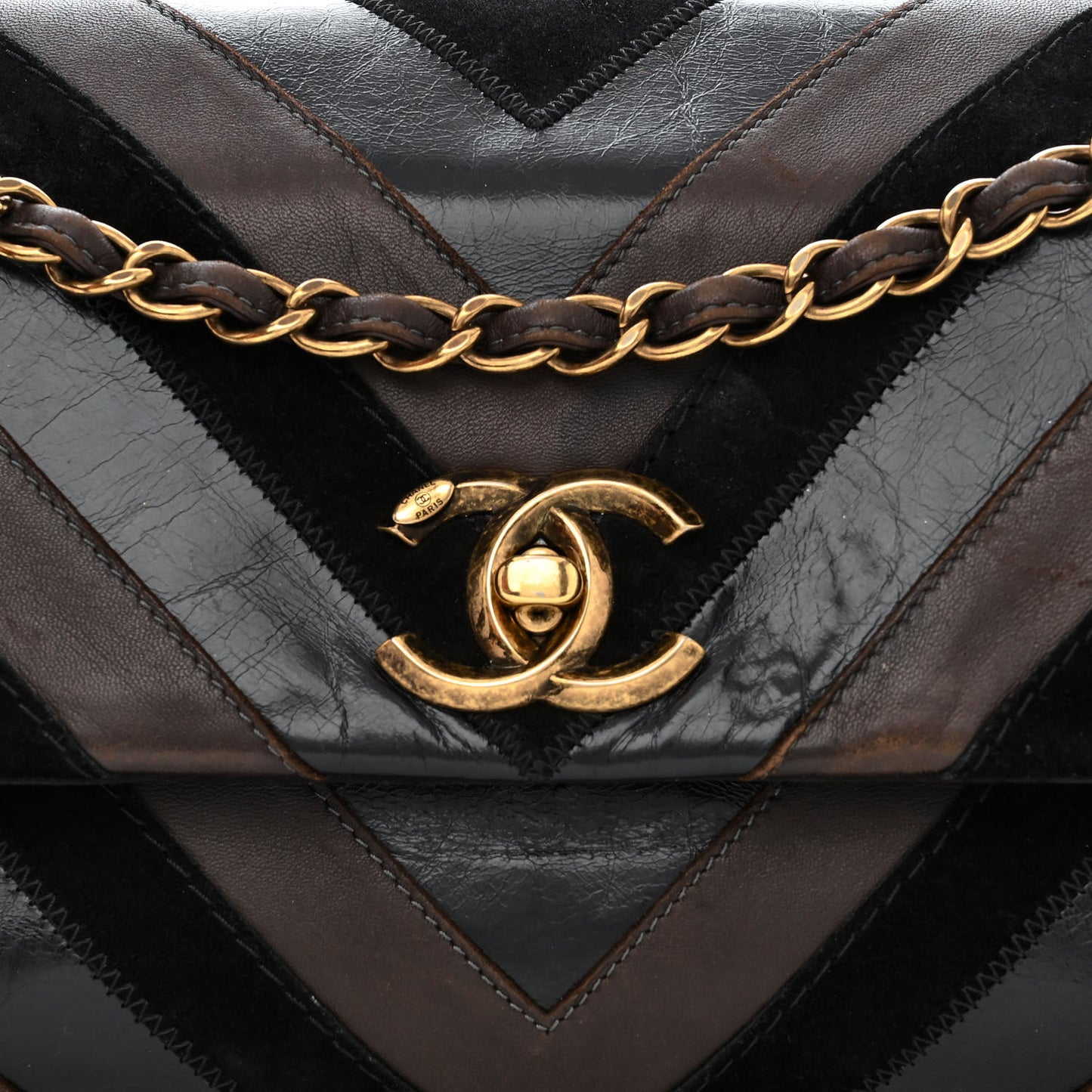 Suede Lambskin Glazed Calfskin Lady Vintage Chevron Flap Black Brown