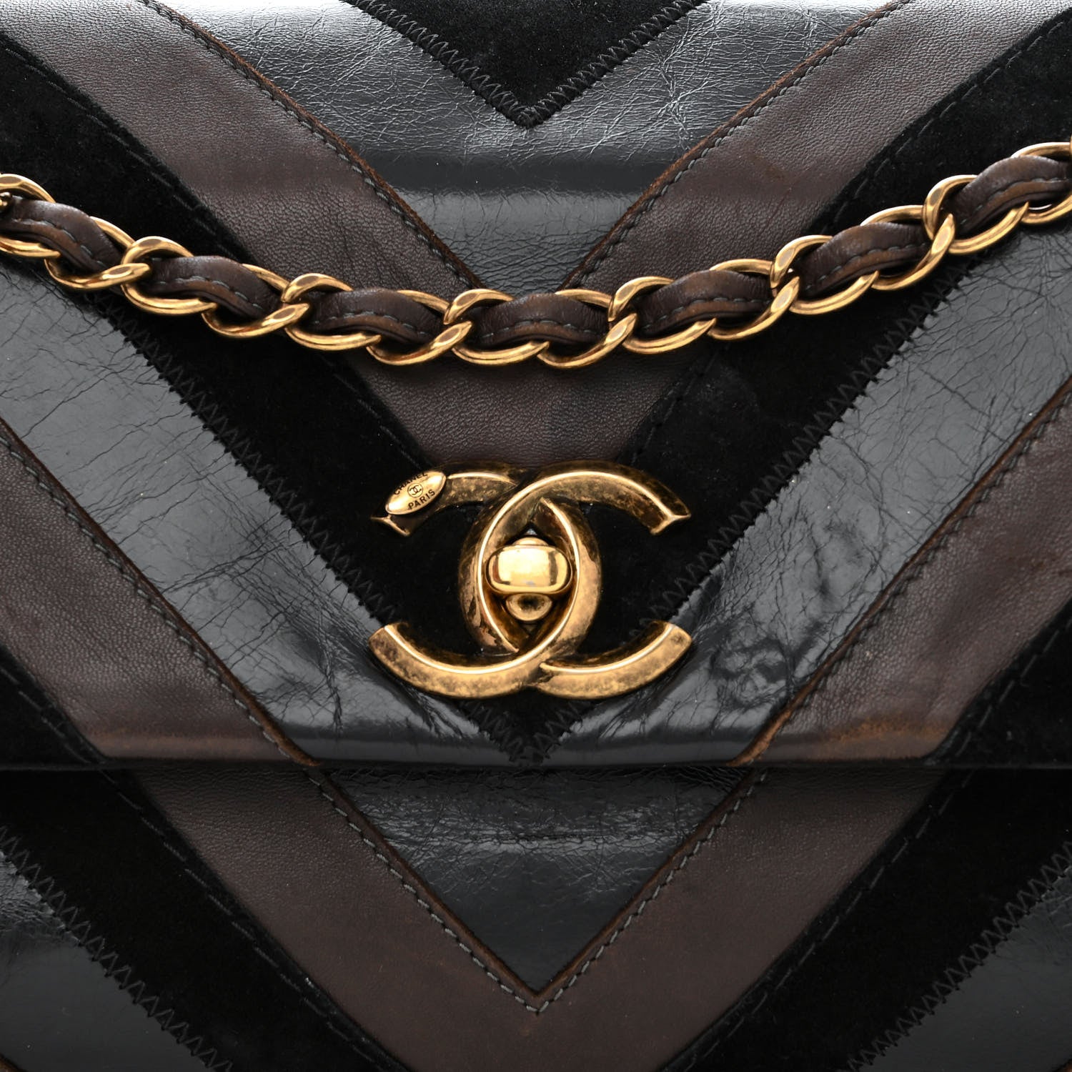 Chanel Suede Lambskin Glazed Calfskin Lady Vintage Chevron Flap Black Brown 8 of 11