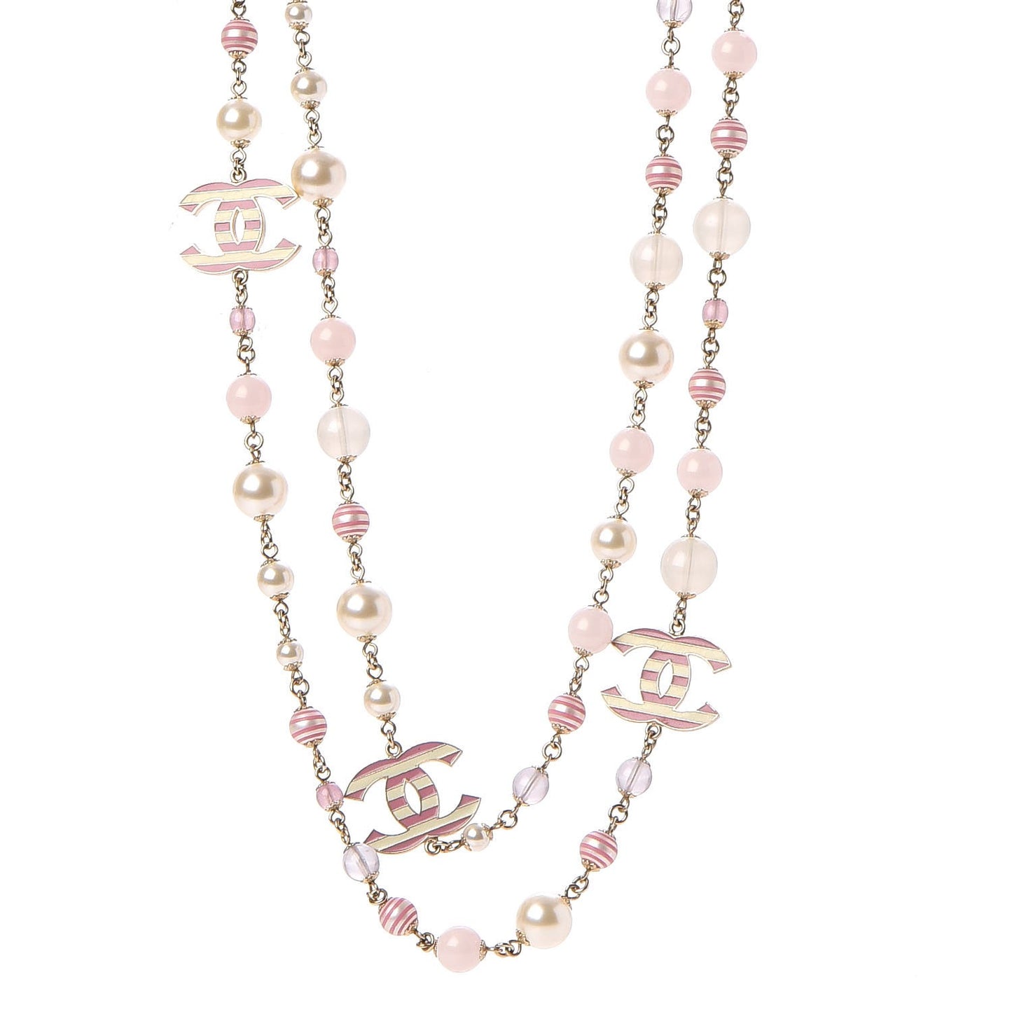 Enamel Striped Pearl CC Long Necklace Pink Gold