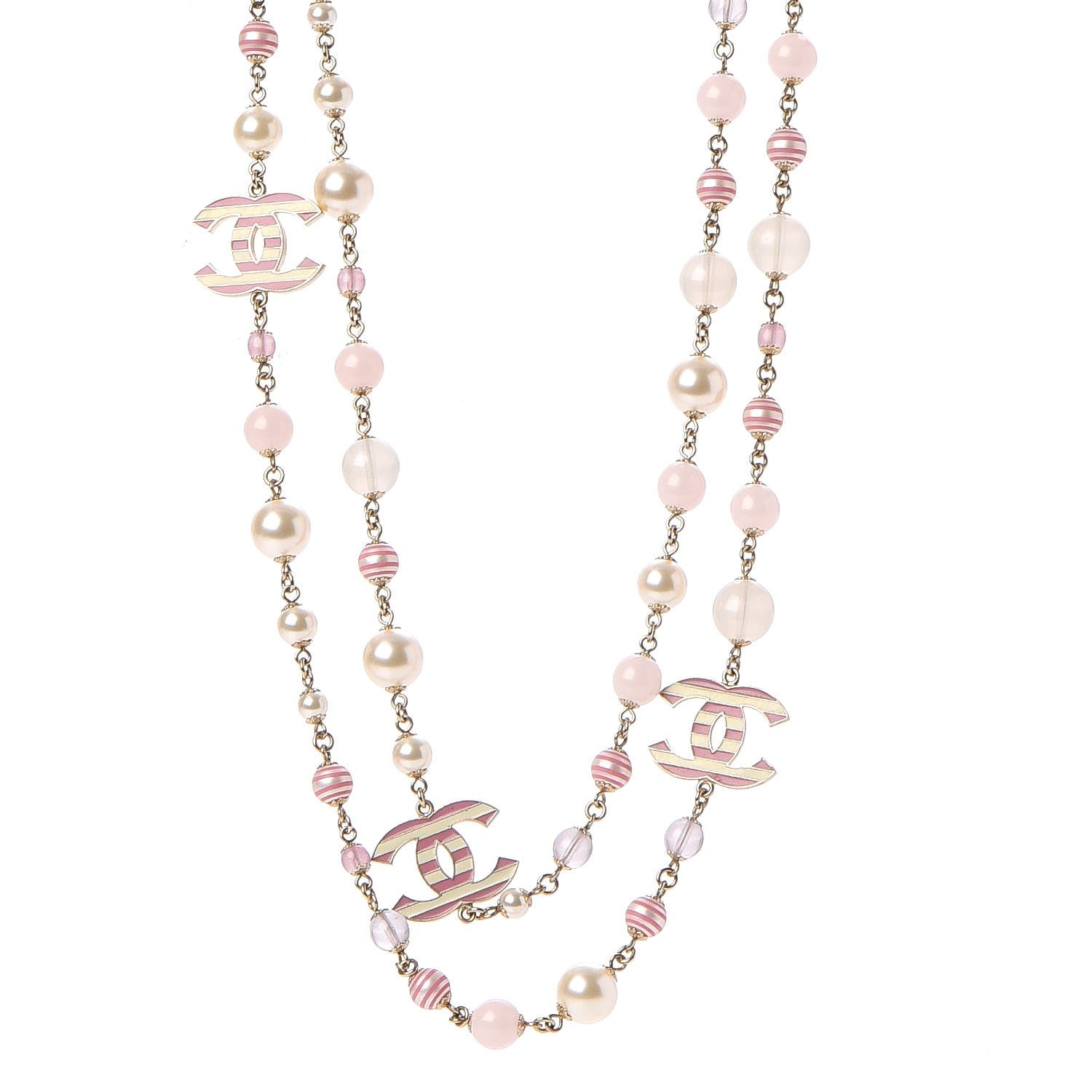 Chanel Enamel Striped Pearl CC Long Necklace Pink Gold 1 of 7