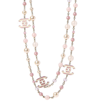 Chanel Enamel Striped Pearl CC Long Necklace Pink Gold 1 of 7