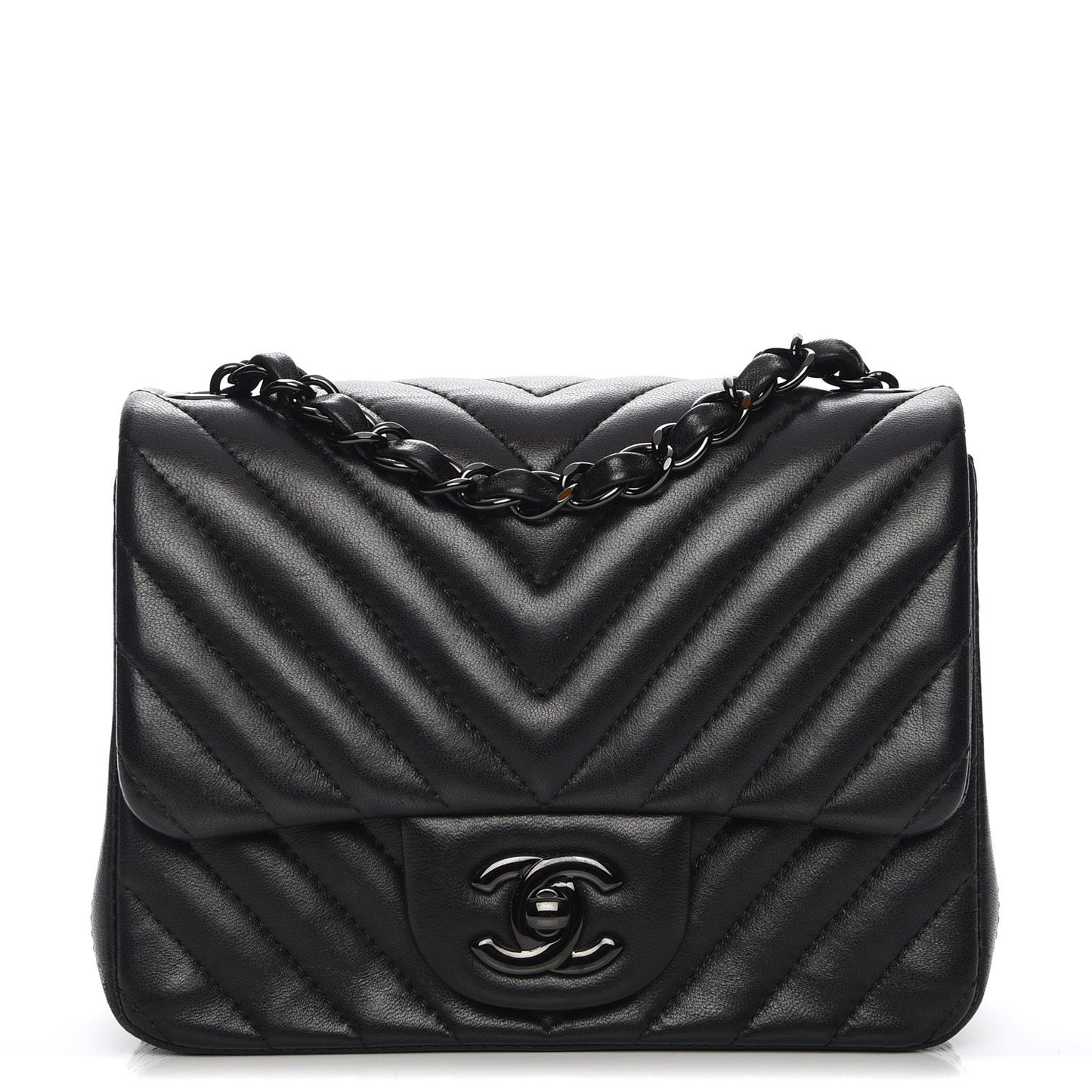 Lambskin Chevron Quilted Mini Square Flap So Black