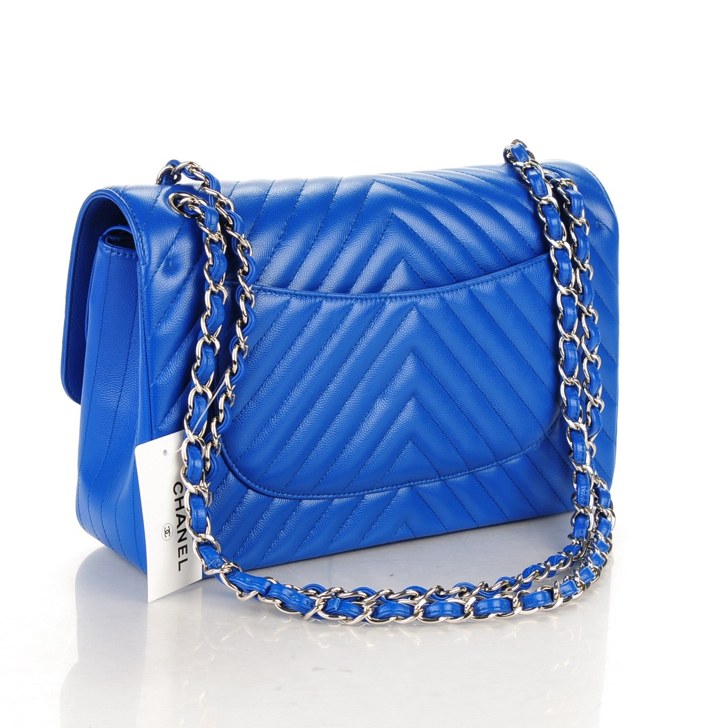Chanel Caviar Chevron Quilted Jumbo Double Flap Bright Blue 3 of 7