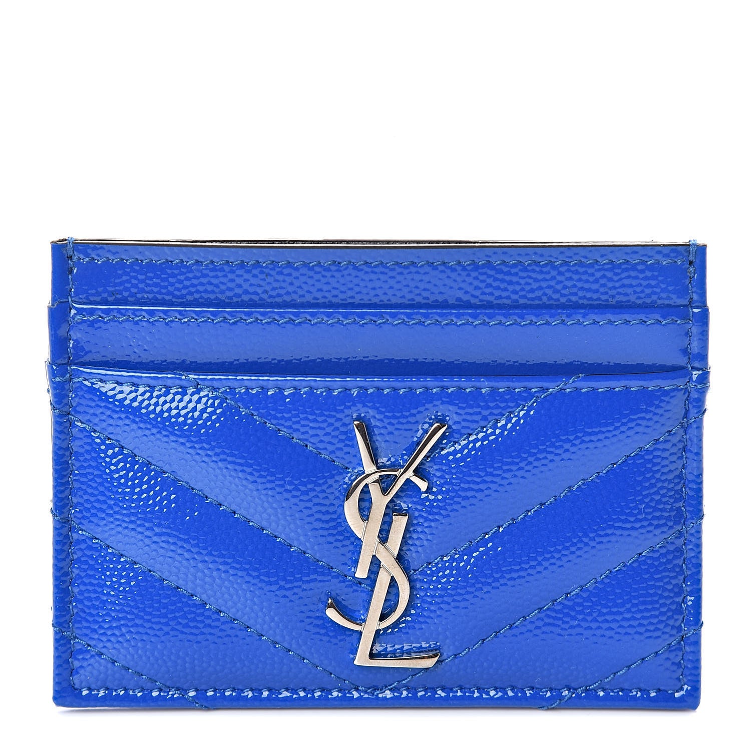 Saint Laurent Patent Grain De Poudre Matelasse Monogram Credit Card Case Blue Majorelle 1 of 8