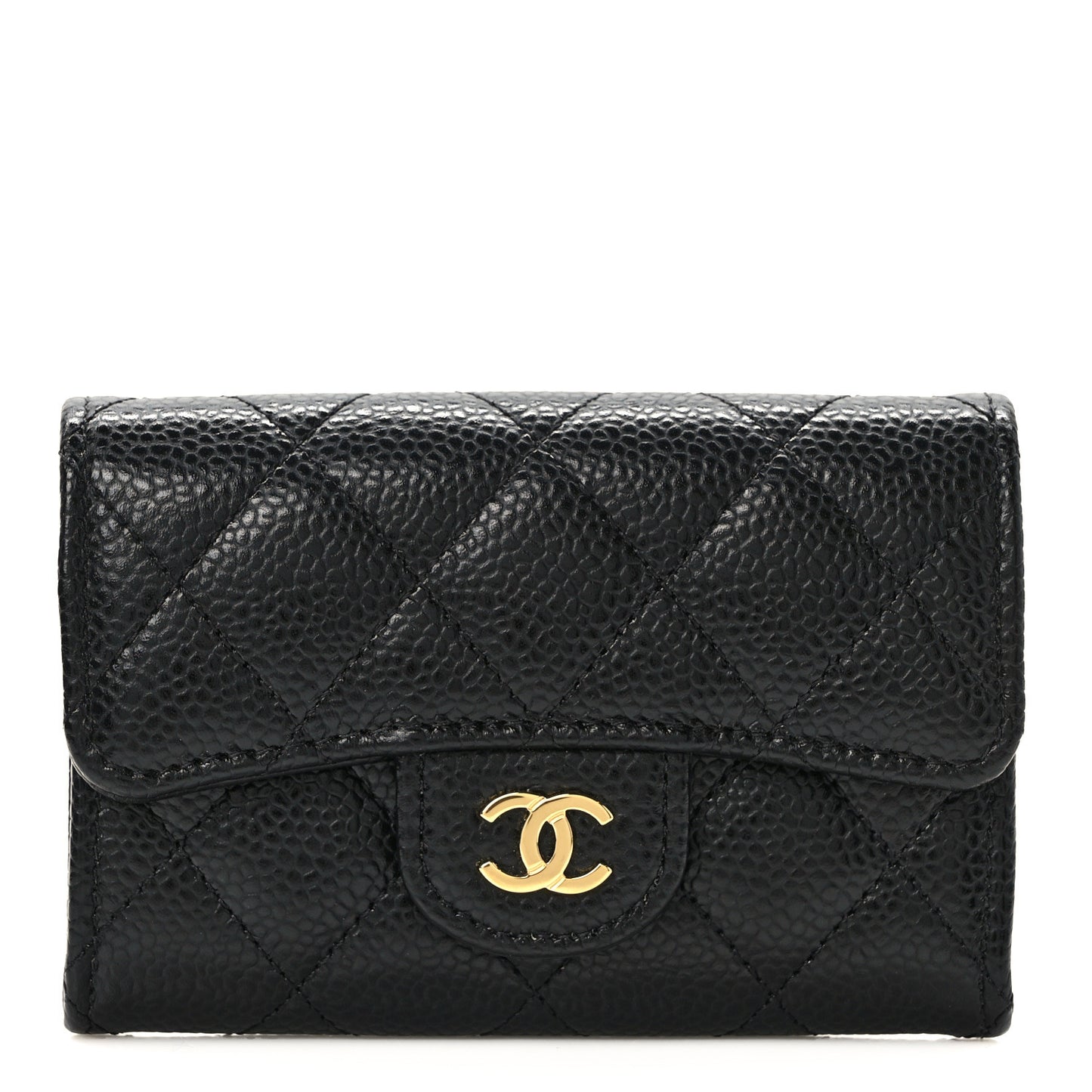 Caviar Quilted Flap Card Holder Wallet Black
