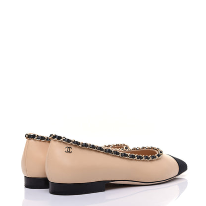 Chanel Lambskin Grosgrain Chain Cap Toe Flats 36 Beige Black 4 of 15