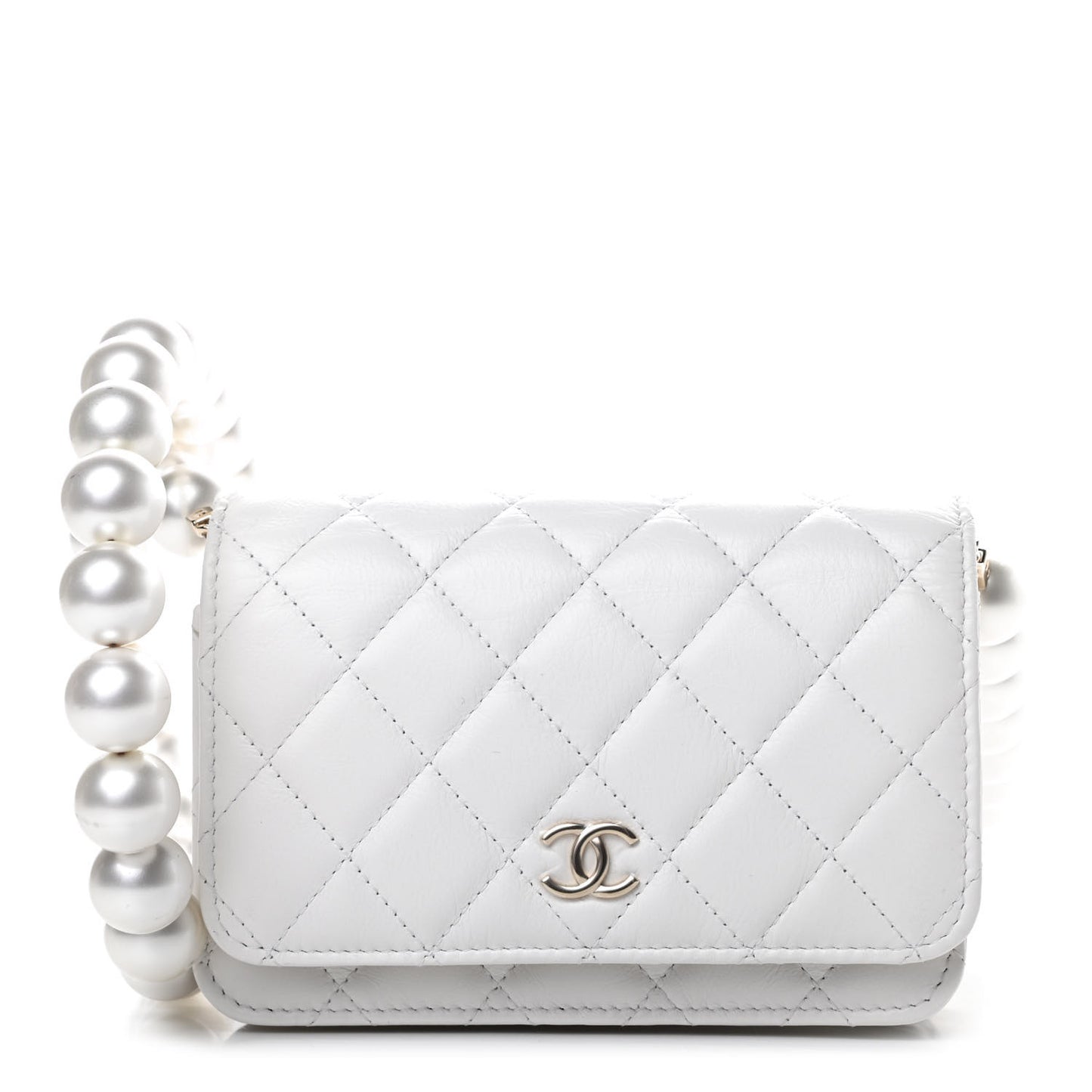 Calfskin Quilted Mini Maxi Pearls Wallet On Chain WOC White