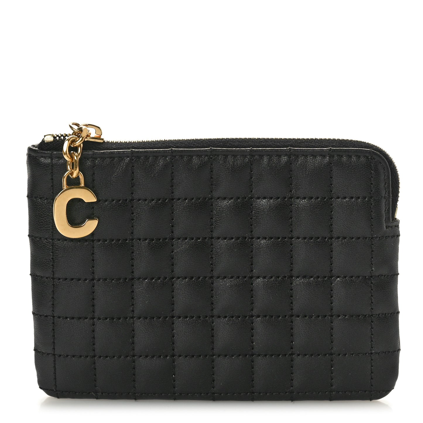 Calfskin Quilted C Charm Coin Card Pouch Black