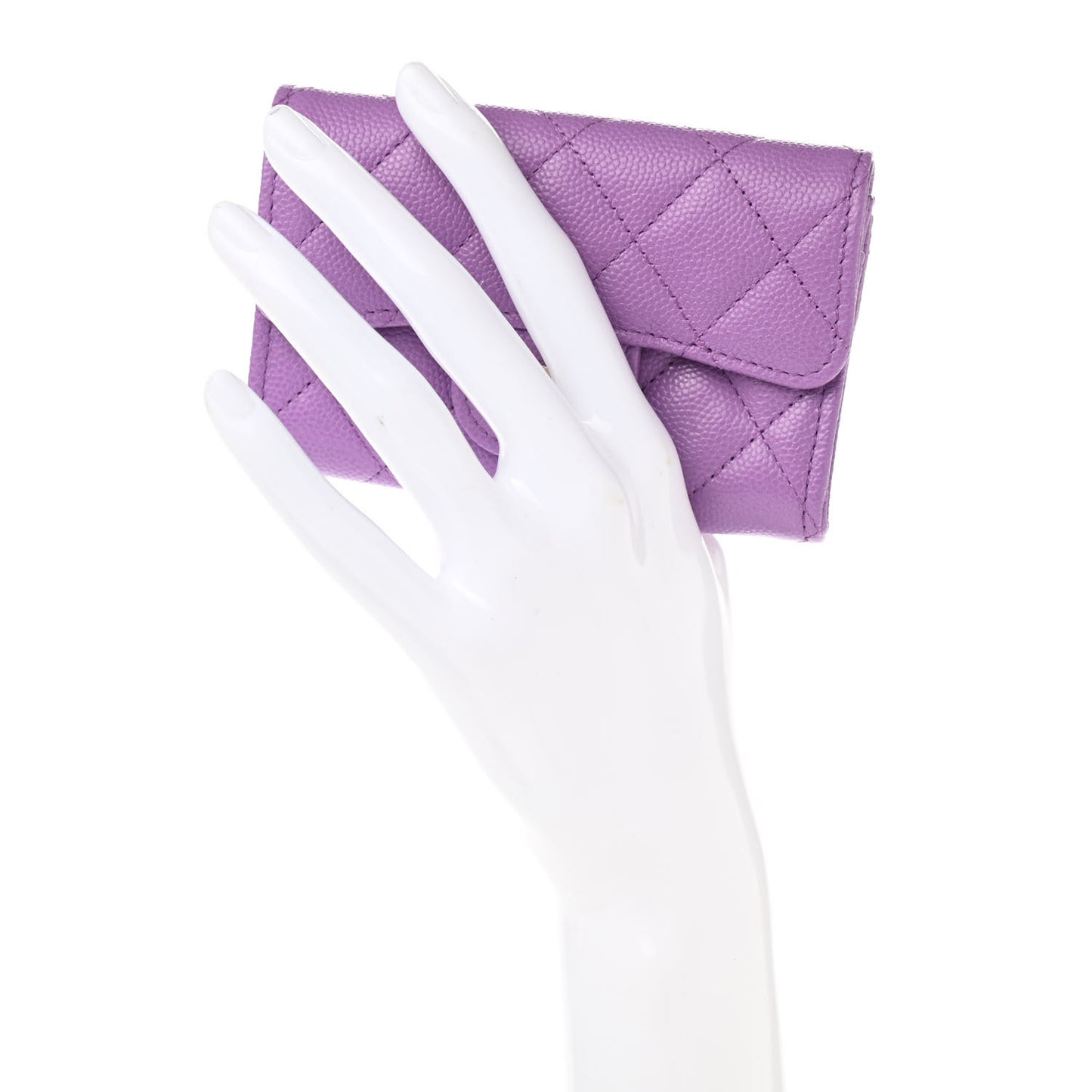 Caviar Quilted Flap Card Holder Wallet Purple