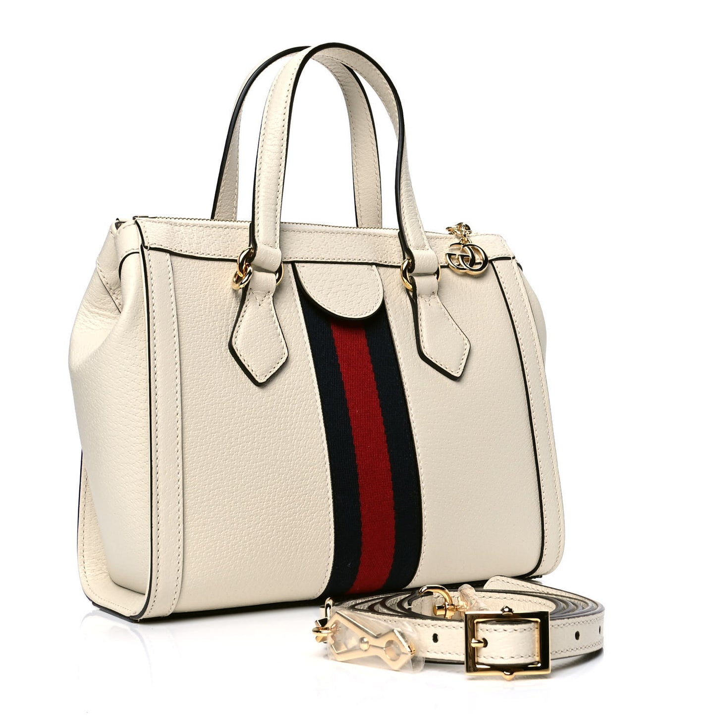 Textured Calfskin Web Small Ophidia Tote Bag Mystic White