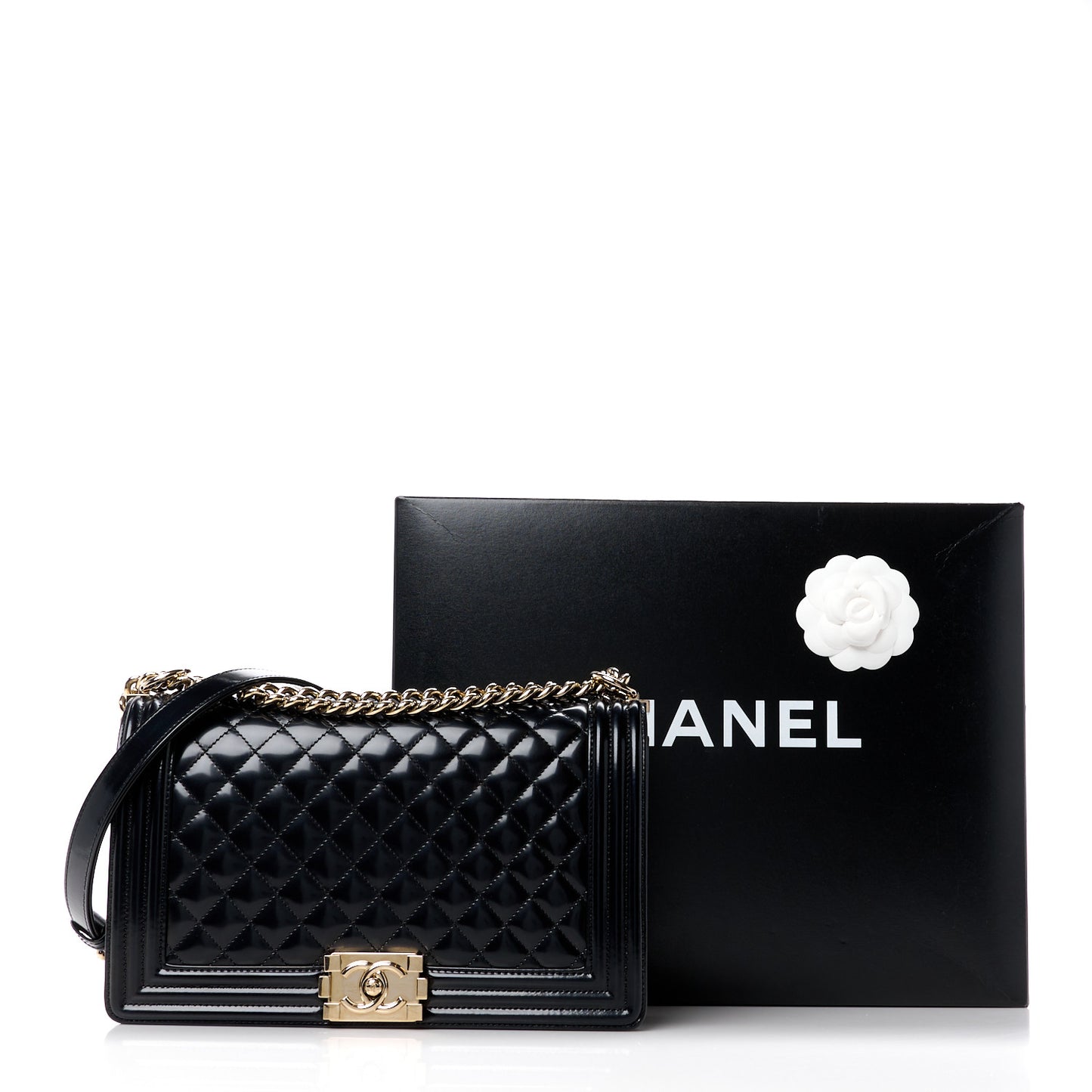 Iridescent Glazed Calfskin Quilted New Medium Boy Flap Black