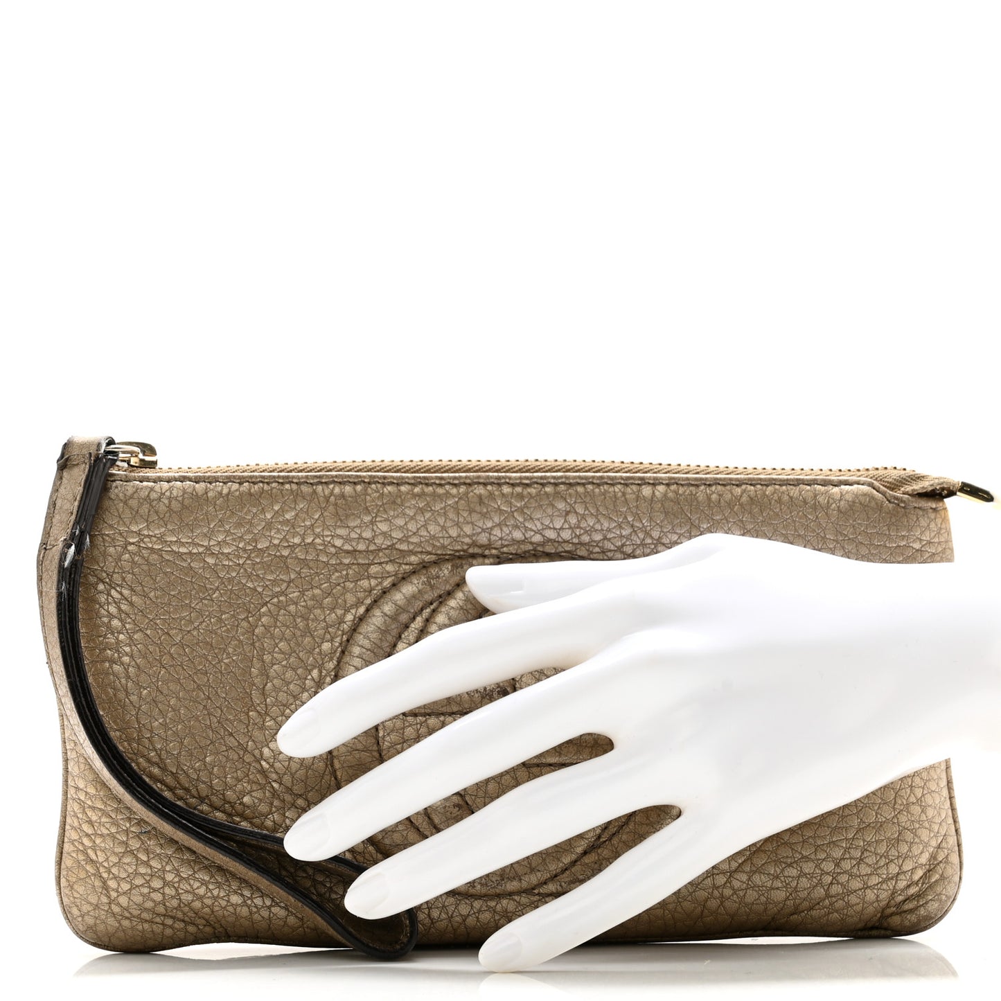 Metallic Pebbled Calfskin Soho Wristlet Golden Beige