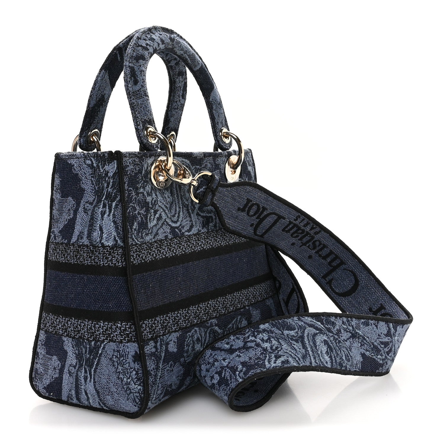 Christian Dior Canvas Toile De Jouy Reverse Embroidered Medium Lady D-Lite Navy Blue 3 of 11