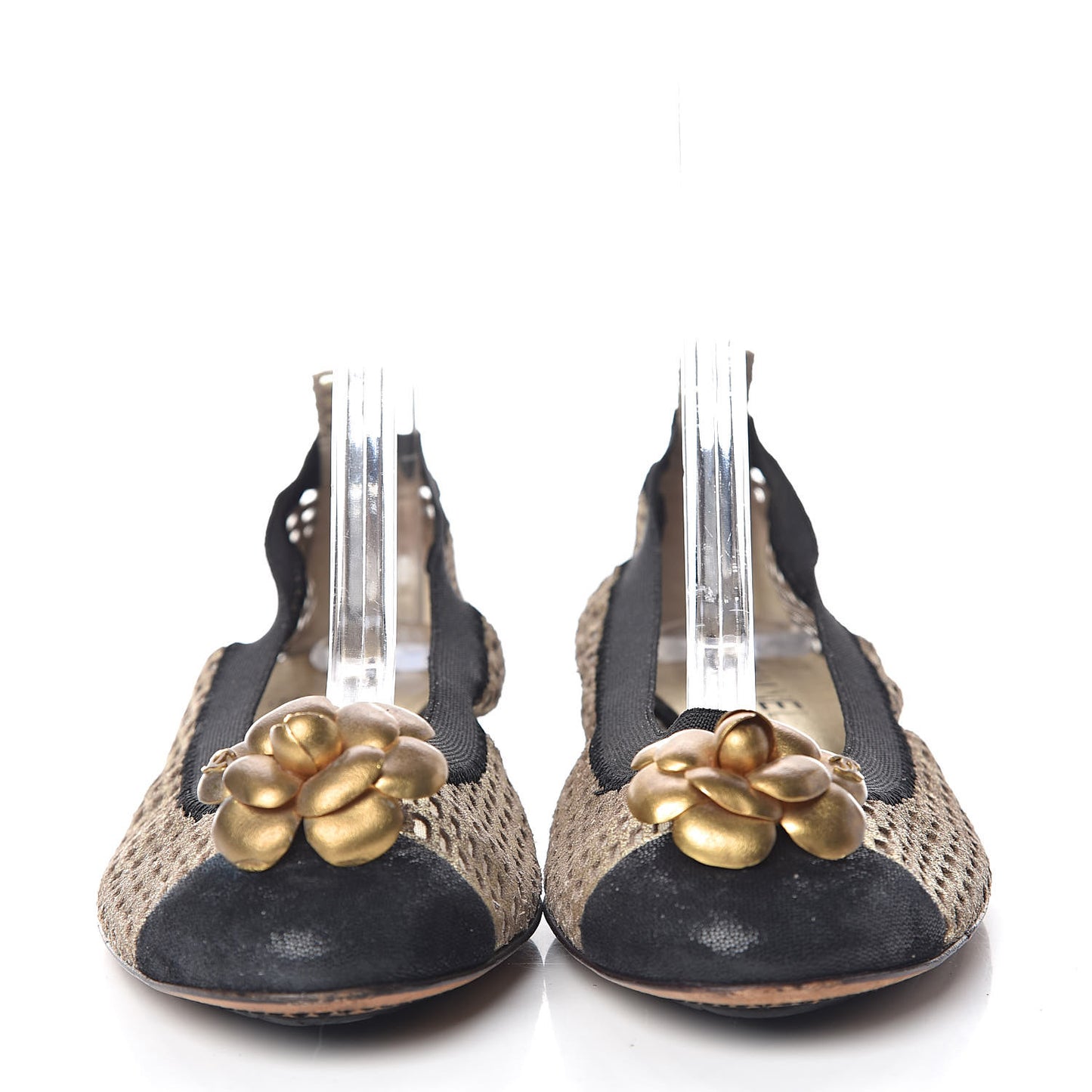 Perforated Elastic Camellia Ballerina Flats 40 Gold Black
