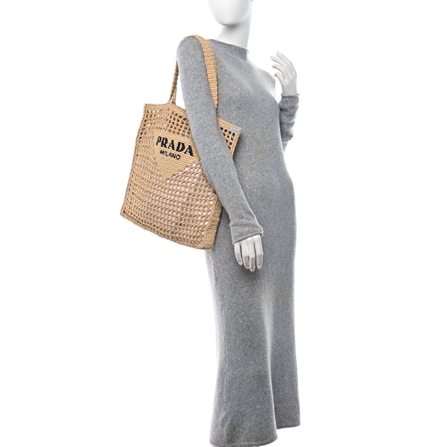 Prada Yarn Raffia Effect Crochet Logo Embroidered Tote Bag Naturale 2 of 9
