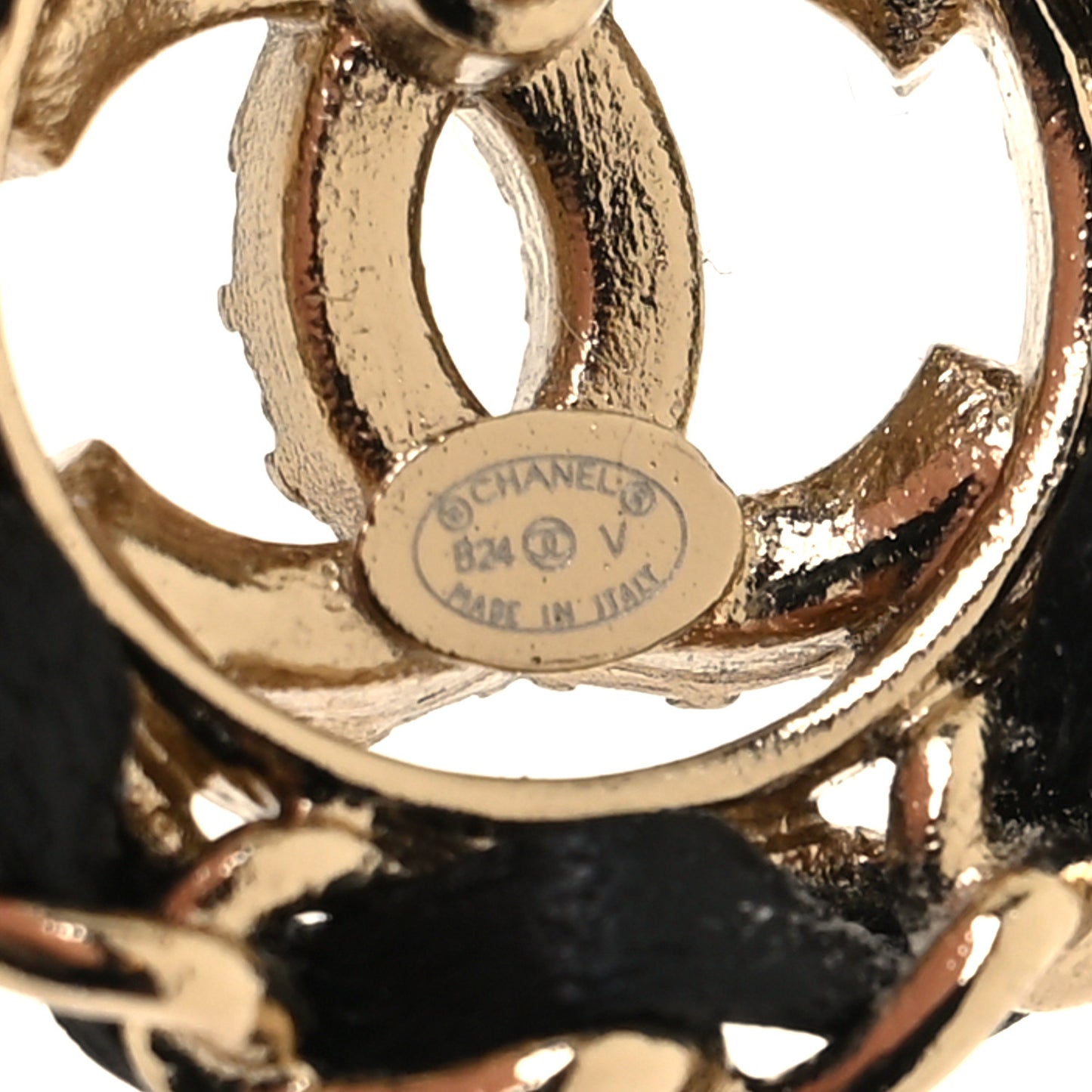 Crystal Lambskin Chain CC Stud Earrings Black Gold