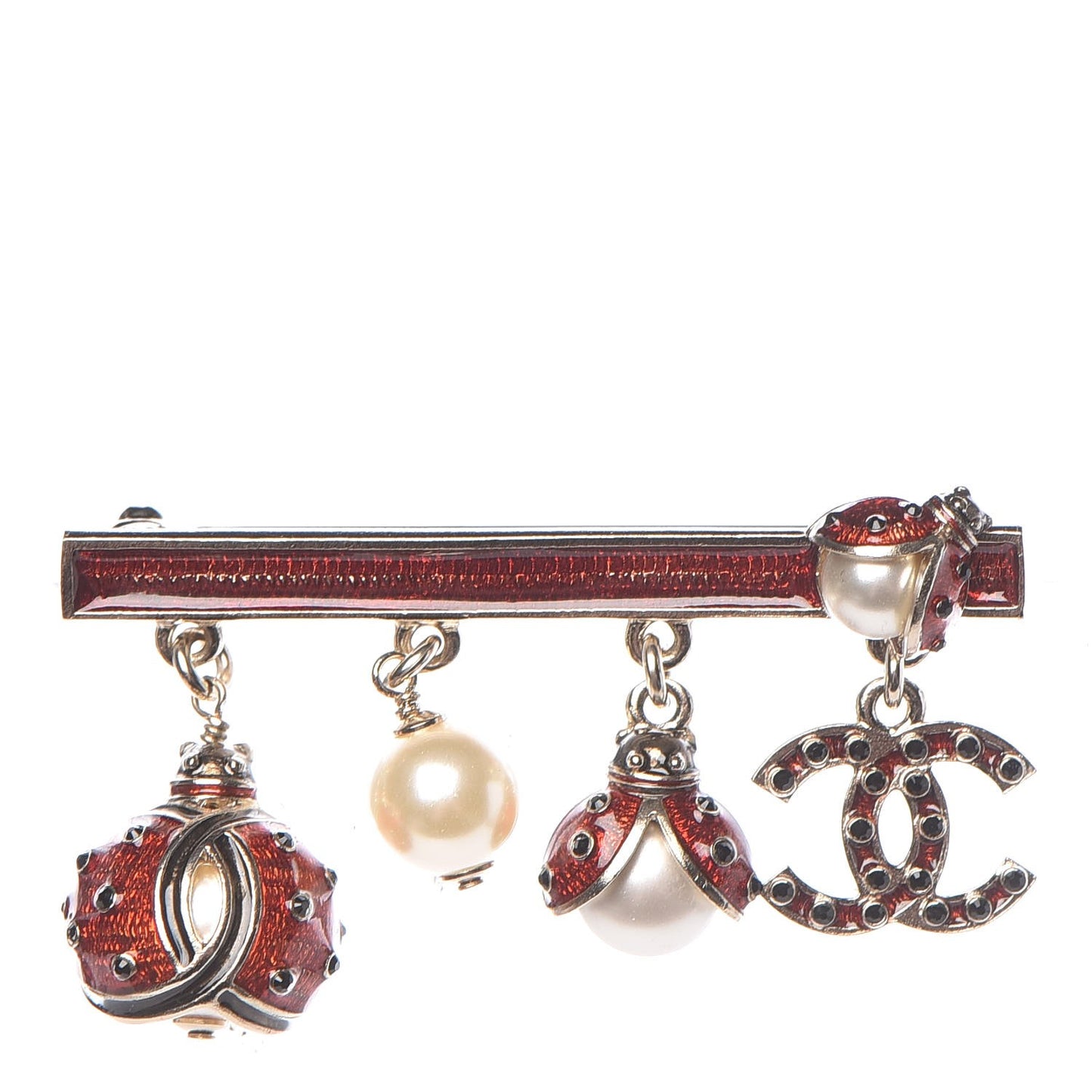 Enamel Pearl CC Ladybug Brooch Red Gold