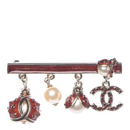 Chanel Enamel Pearl CC Ladybug Brooch Red Gold 1 of 5