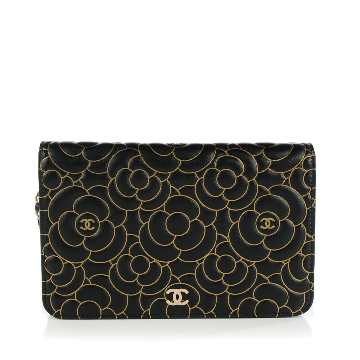 Lambskin Camellia Embossed Wallet On Chain WOC Black Gold