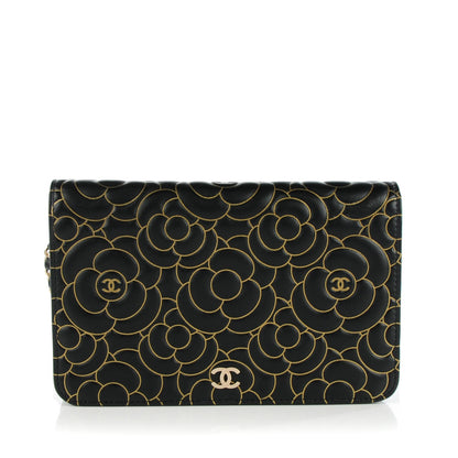 Chanel Lambskin Camellia Embossed Wallet On Chain WOC Black Gold 1 of 8