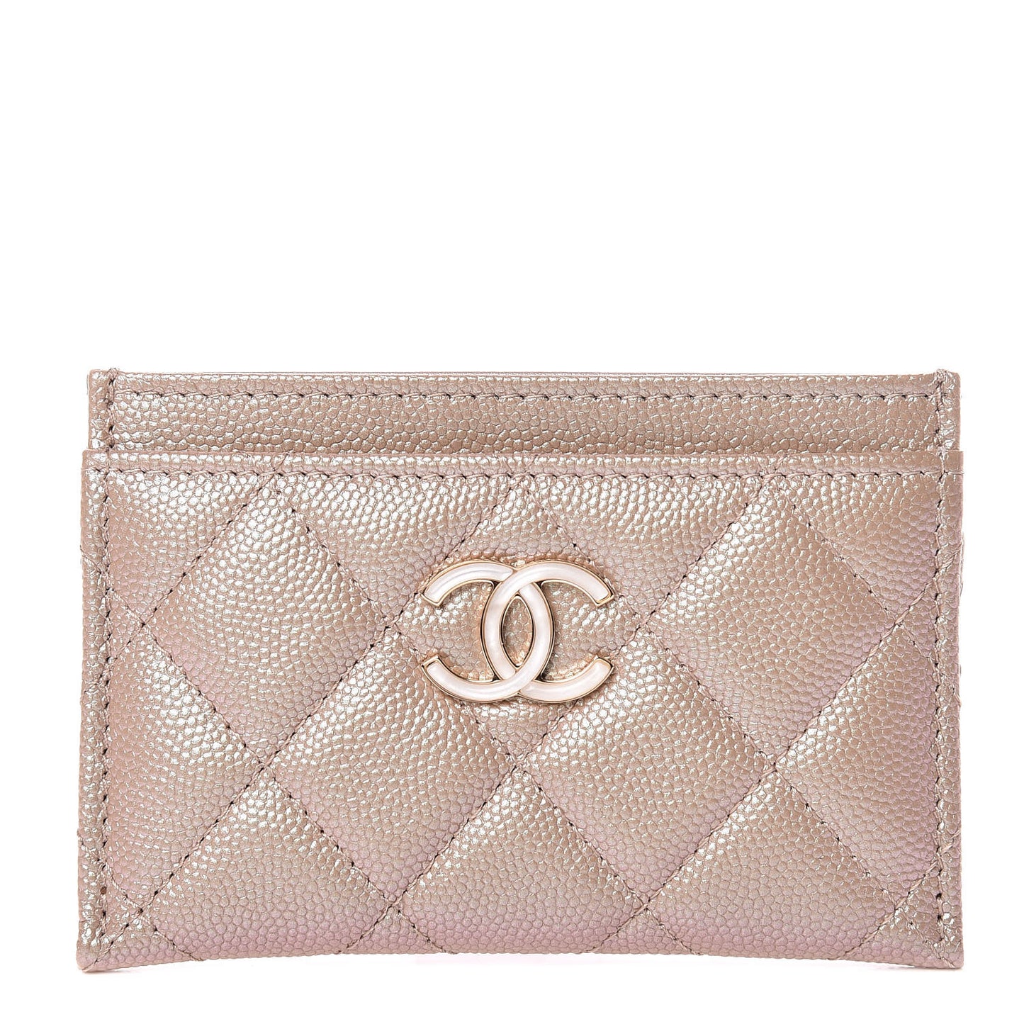 Iridescent Caviar Quilted Card Holder Beige