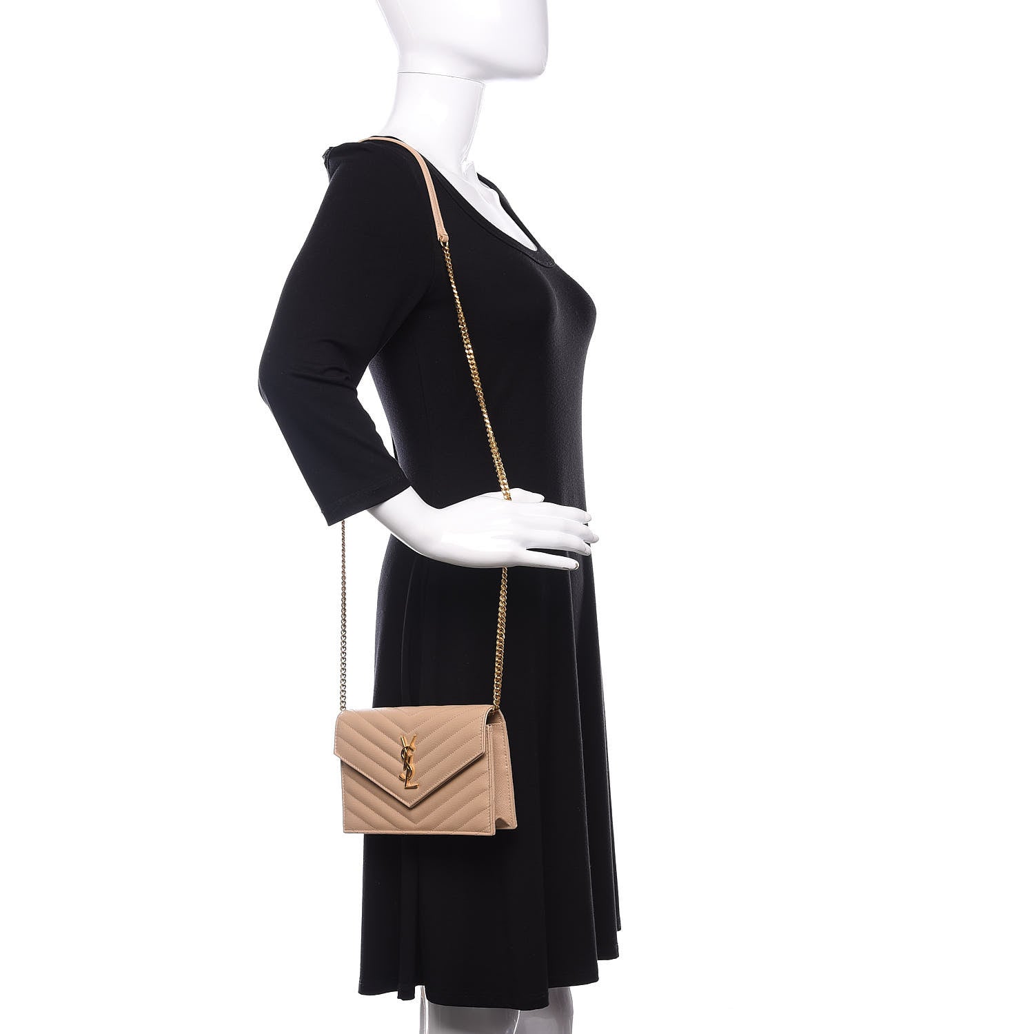 Saint Laurent Grain De Poudre Matelasse Chevron Monogram Envelope Chain Wallet Nude Powder 2 of 12