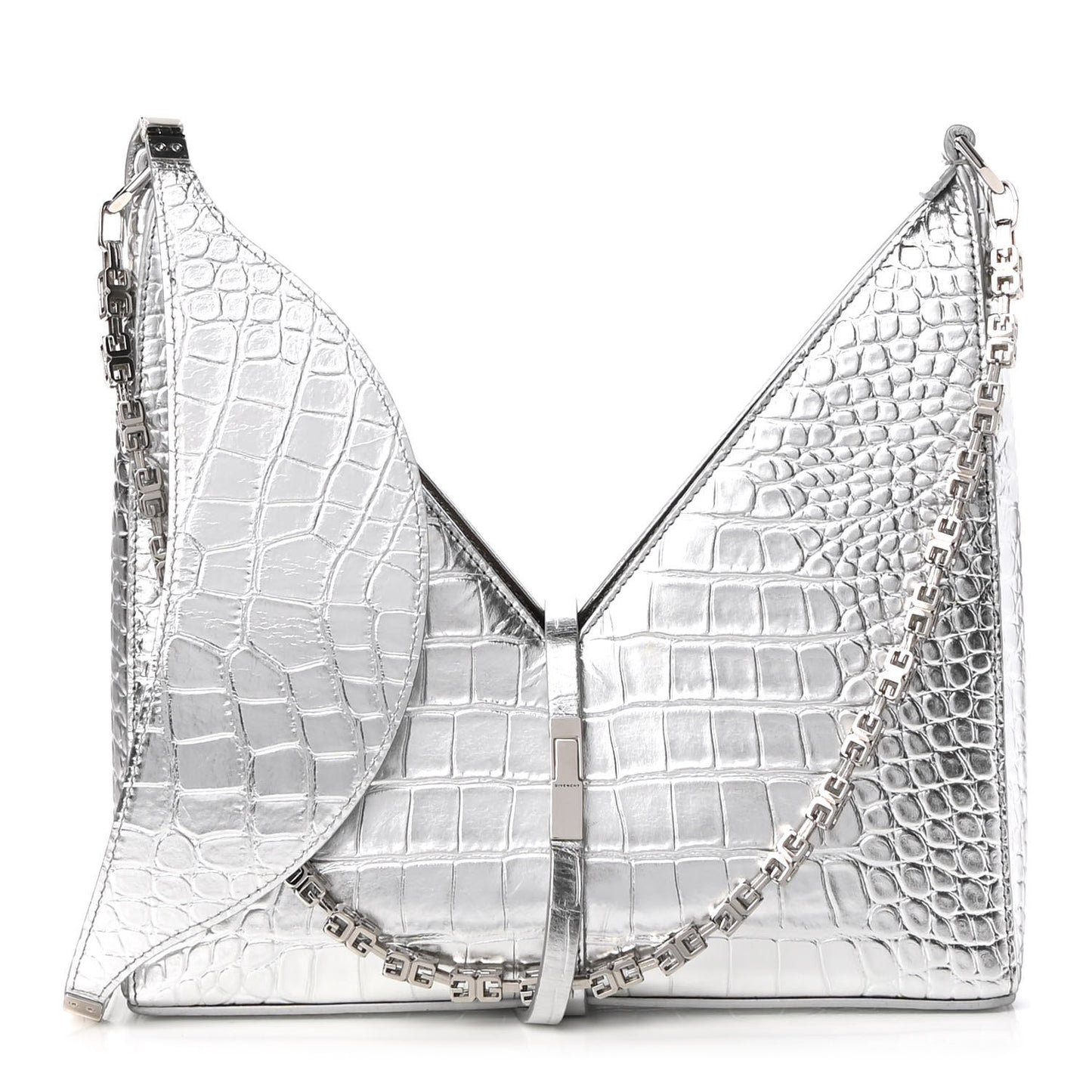 Metallic Calfskin Croc Embossed Small Cut Out Shoulder Bag Silver