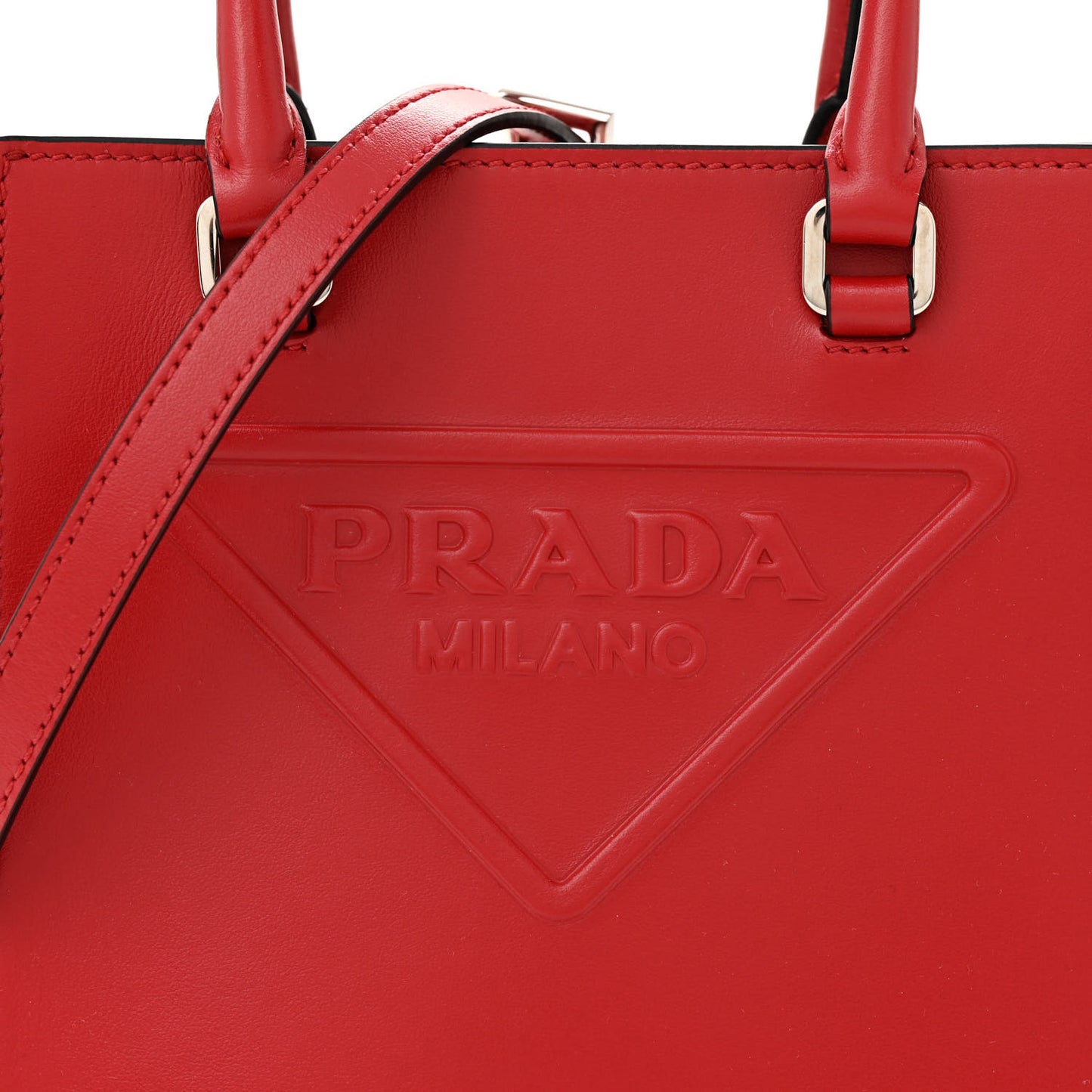Soft Calfskin Triangle Logo Embossed Small Double Handle Crossbody Tote Rosso