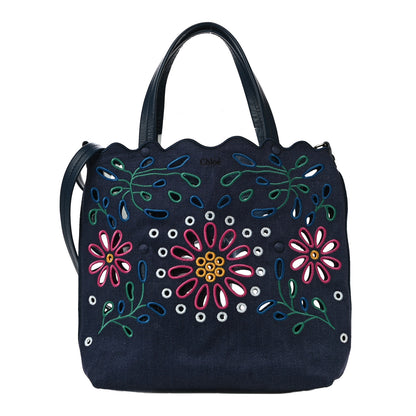 Chloe Linen Calfskin Large Kamilla North-South Tote Navy Multicolor 1 of 9