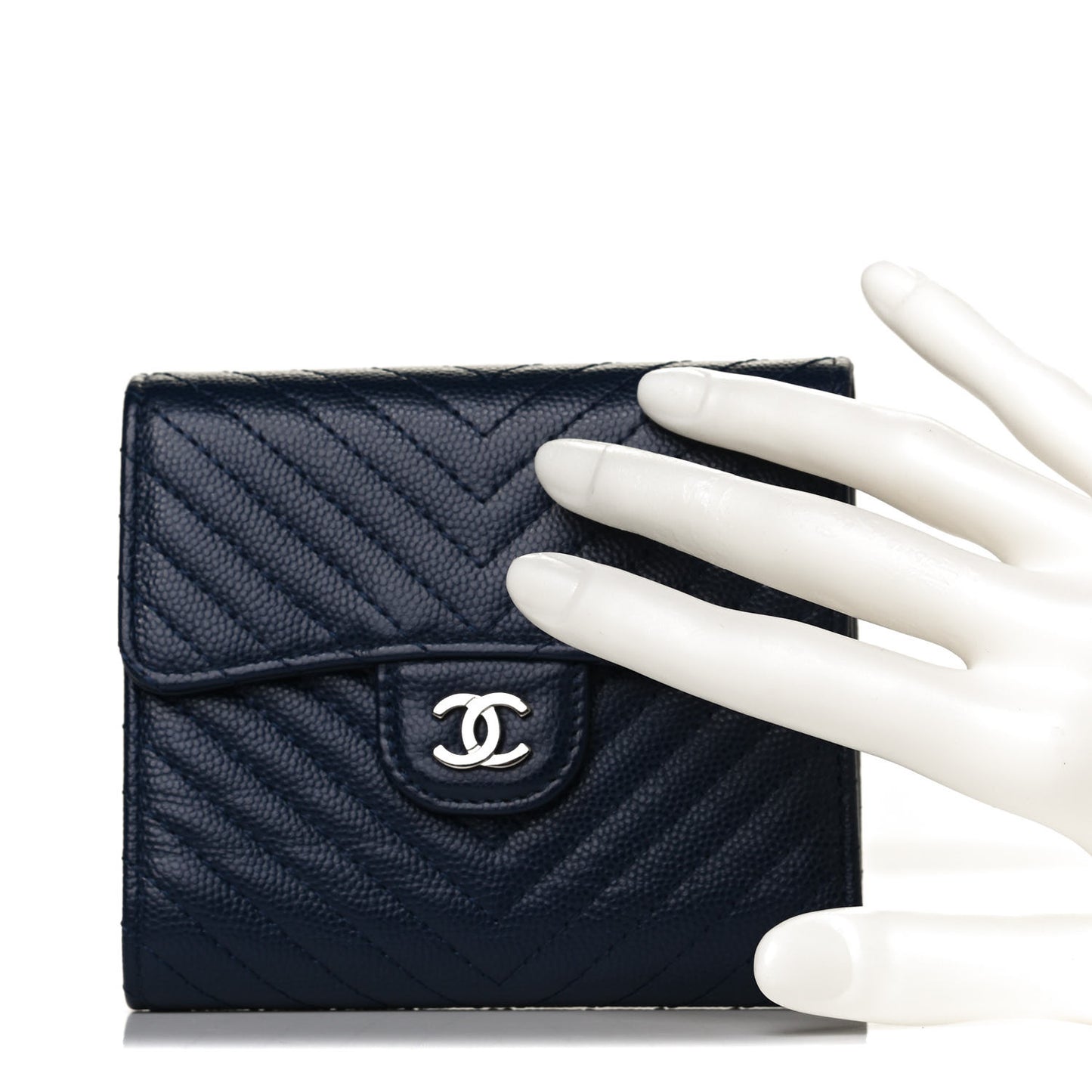 Caviar Chevron Quilted Compact Flap Wallet Navy