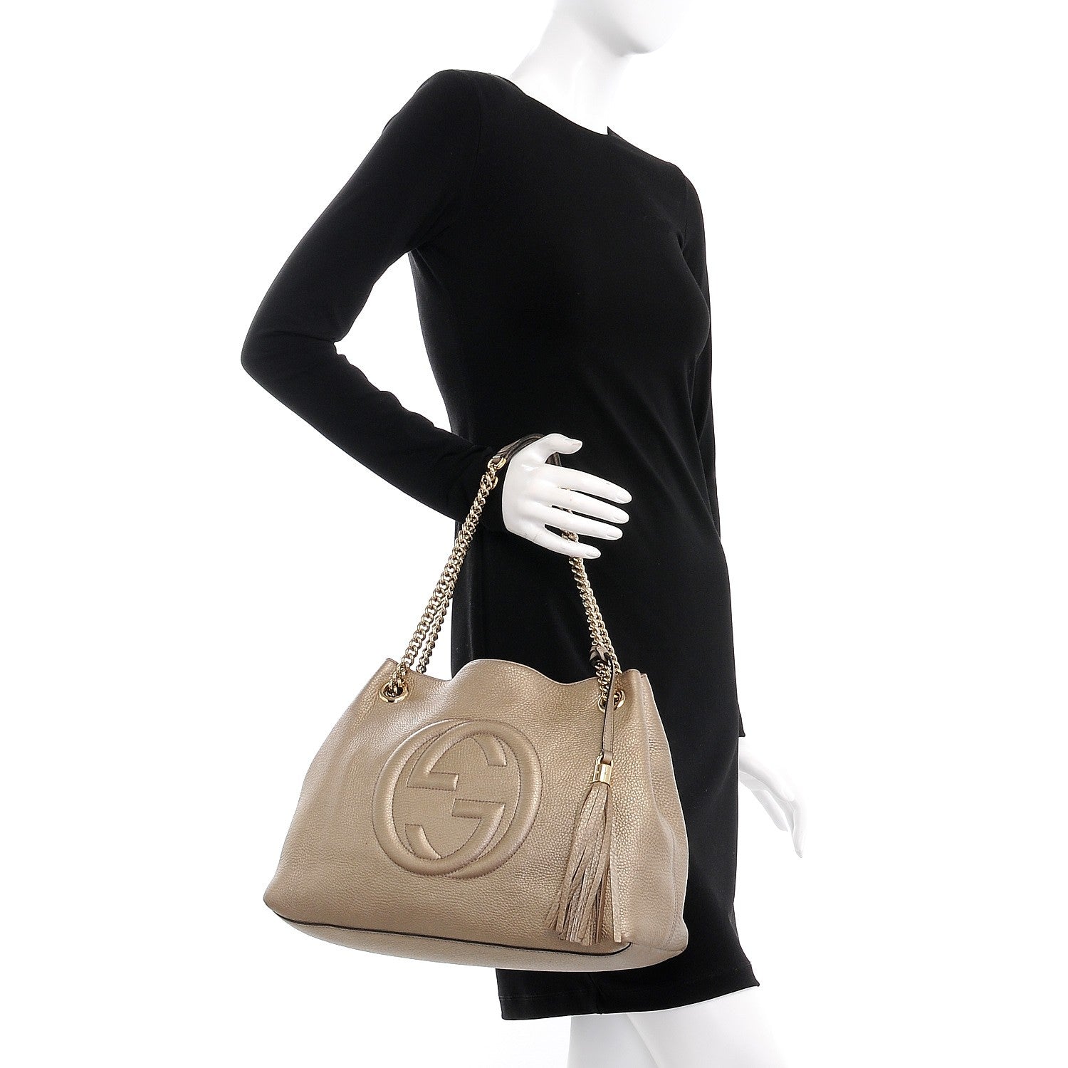 Gucci Metallic Pebbled Calfskin Medium Soho Chain Shoulder Bag Golden Beige 2 of 13