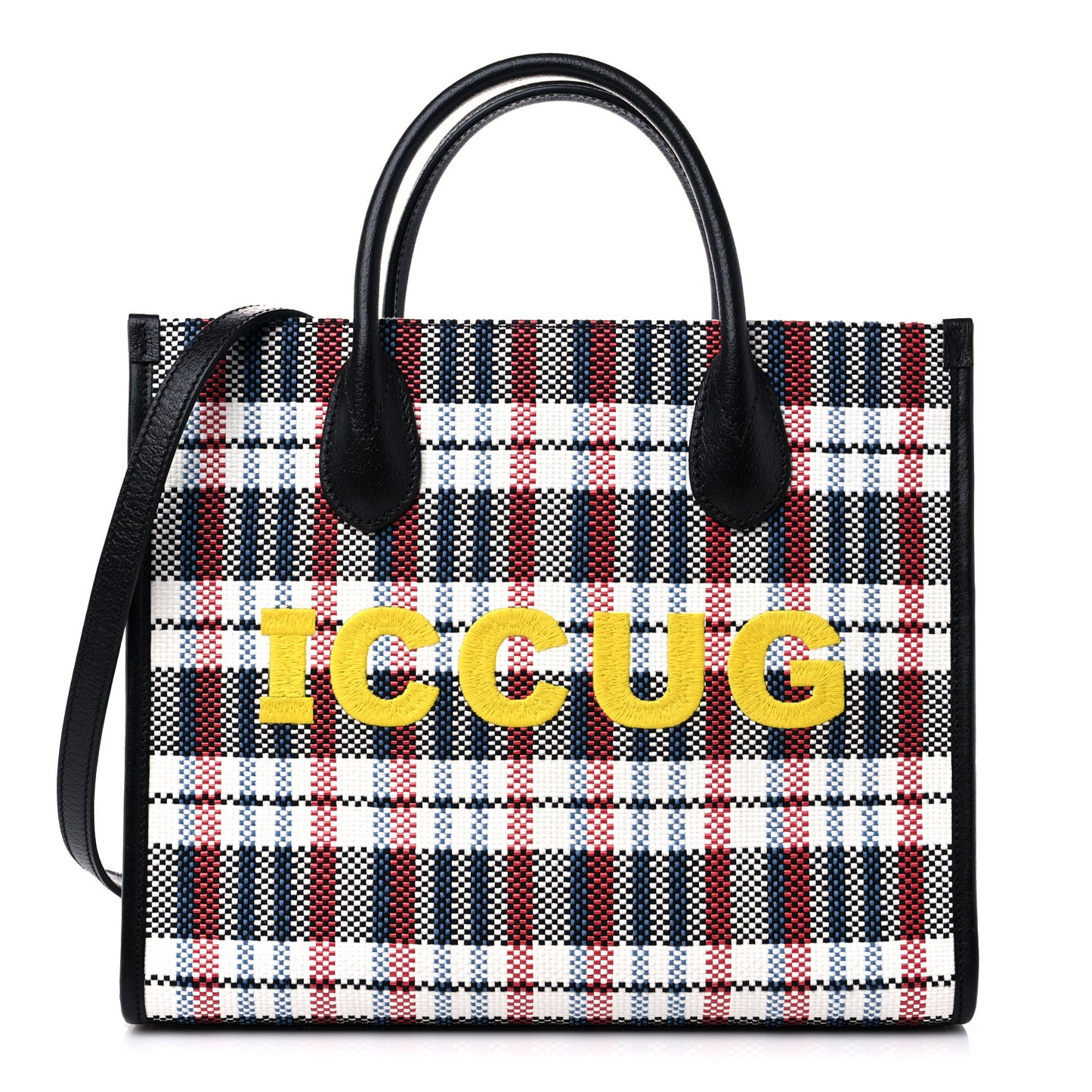 Canvas Plaid ICCUG Embroidered Small Tote Bag Black White Red Blue Smile Yellow