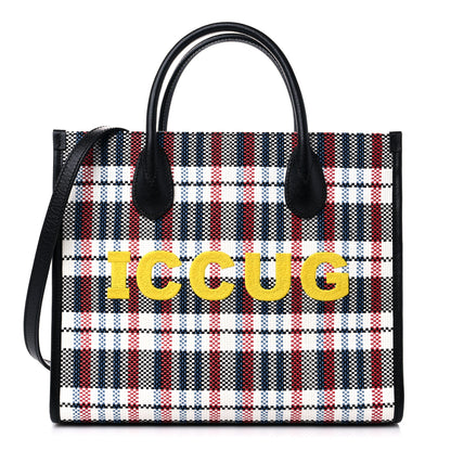 Gucci Canvas Plaid ICCUG Embroidered Small Tote Bag Black White Red Blue Smile Yellow 1 of 10