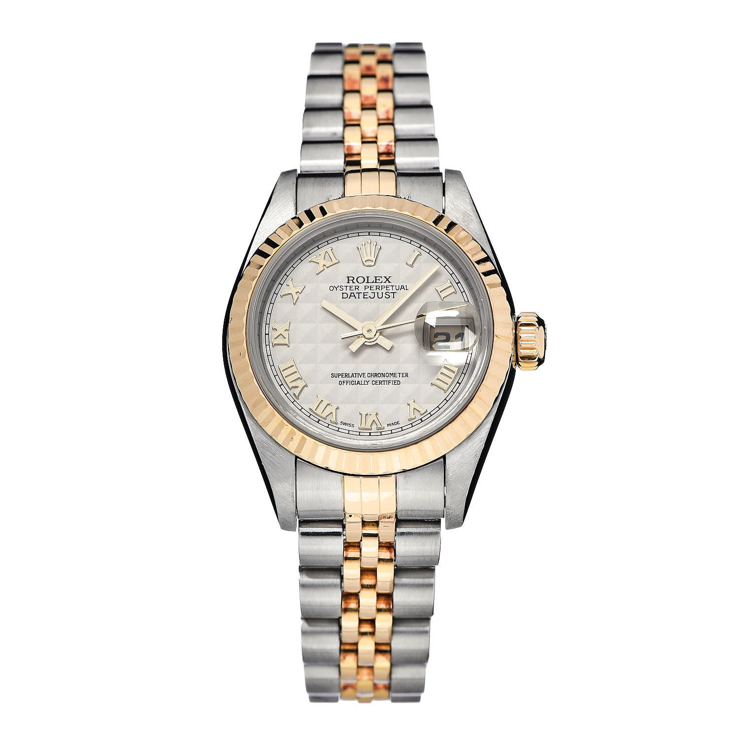 Rolex Stainless Steel 18K Yellow Gold 26mm Oyster Perpetual Datejust Watch White Pyramid Roman 79173 1 of 7