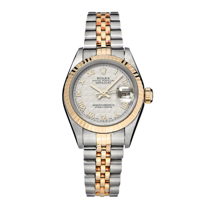 Rolex Stainless Steel 18K Yellow Gold 26mm Oyster Perpetual Datejust Watch White Pyramid Roman 79173 1 of 7