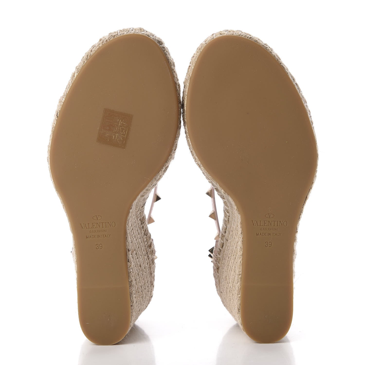 Valentino Garavani Grained Calfskin Rockstud Ankle Strap Espadrille 15/105mm Wedge Sandals 39 Rose Quartz Natural 5 of 9