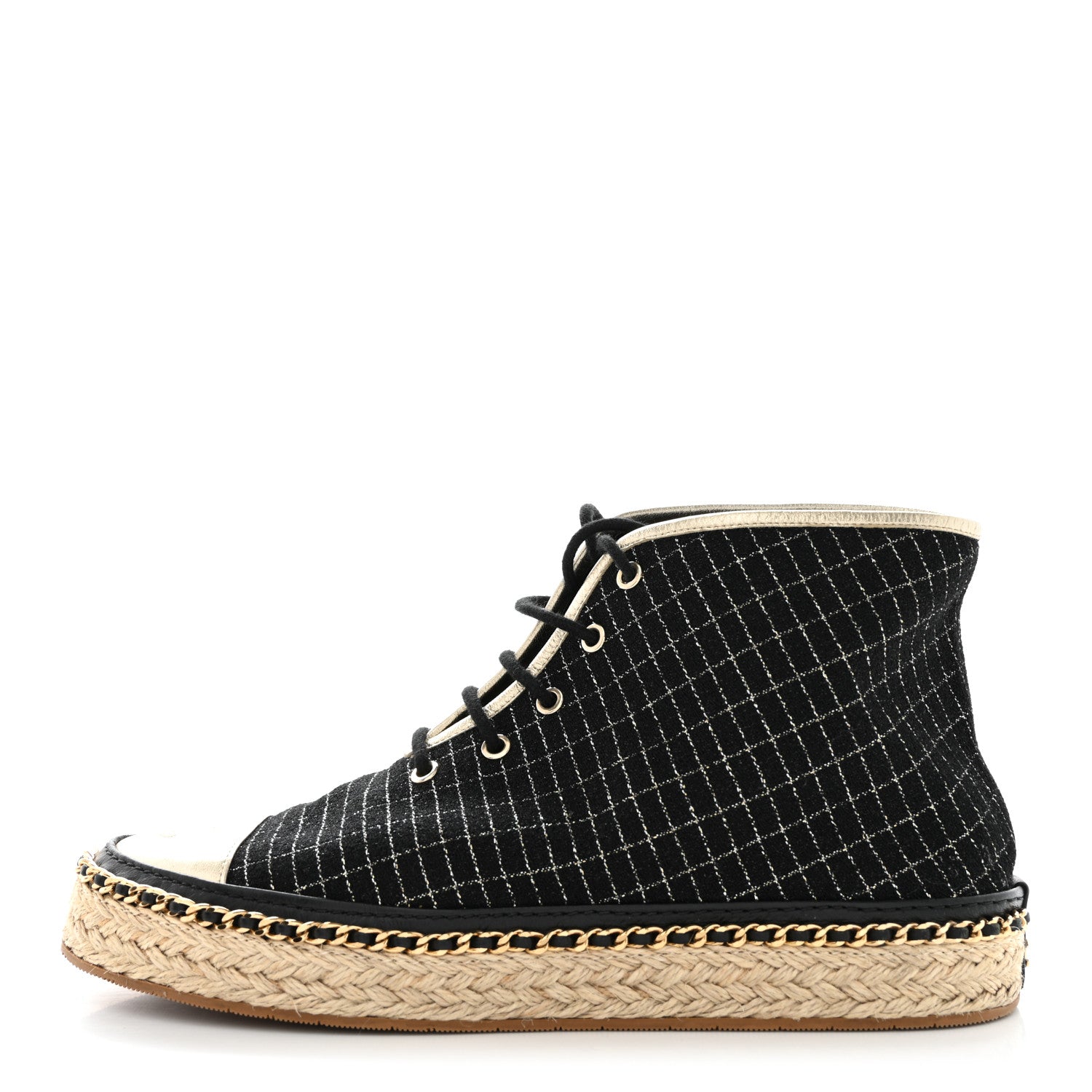 Chanel Tweed Lambskin Chain Lace Up High Top Espadrille Sneakers 36 Black Gold 1 of 9