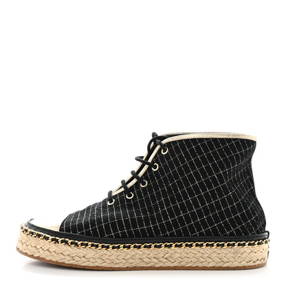 Chanel Tweed Lambskin Chain Lace Up High Top Espadrille Sneakers 36 Black Gold 1 of 9